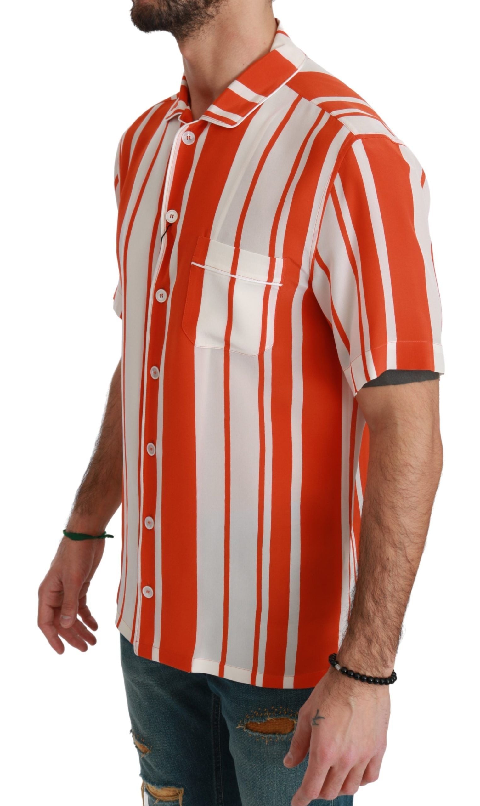 Dolce & Gabbana Orange Silk Striped Short Sleeve White Men's Shirt