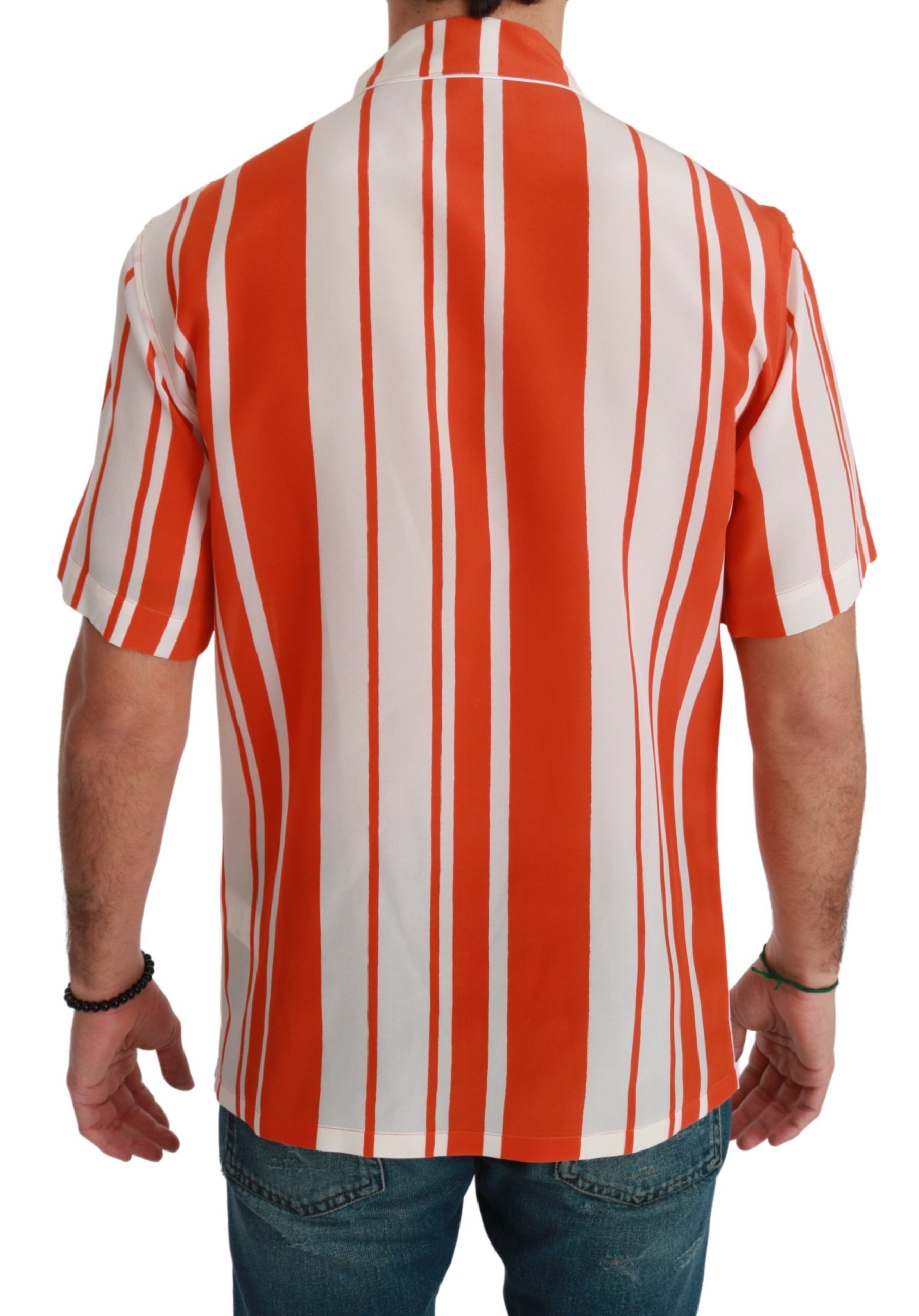Dolce & Gabbana Orange Silk Striped Short Sleeve White Men's Shirt
