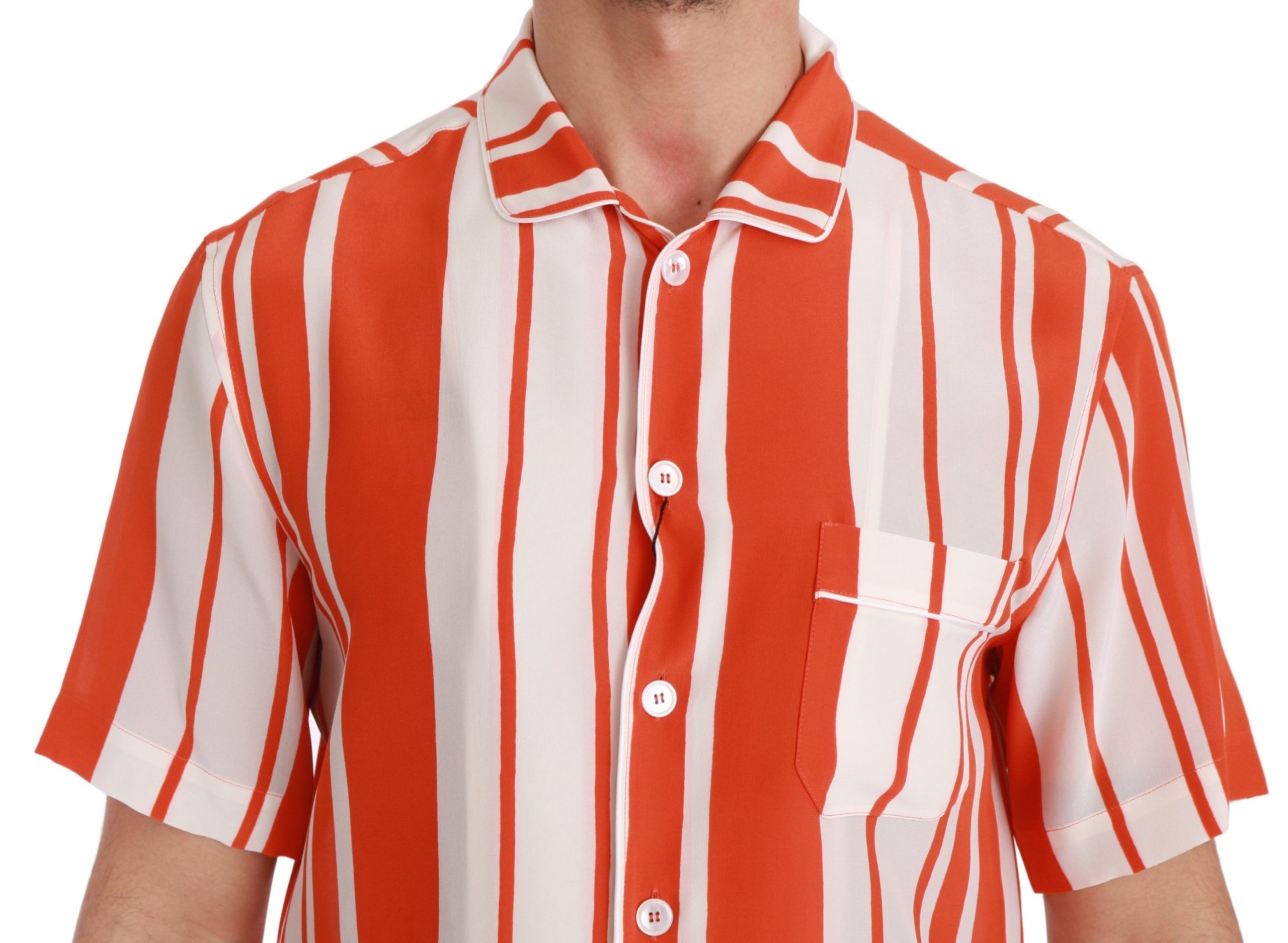 Dolce & Gabbana Orange Silk Striped Short Sleeve White Men's Shirt