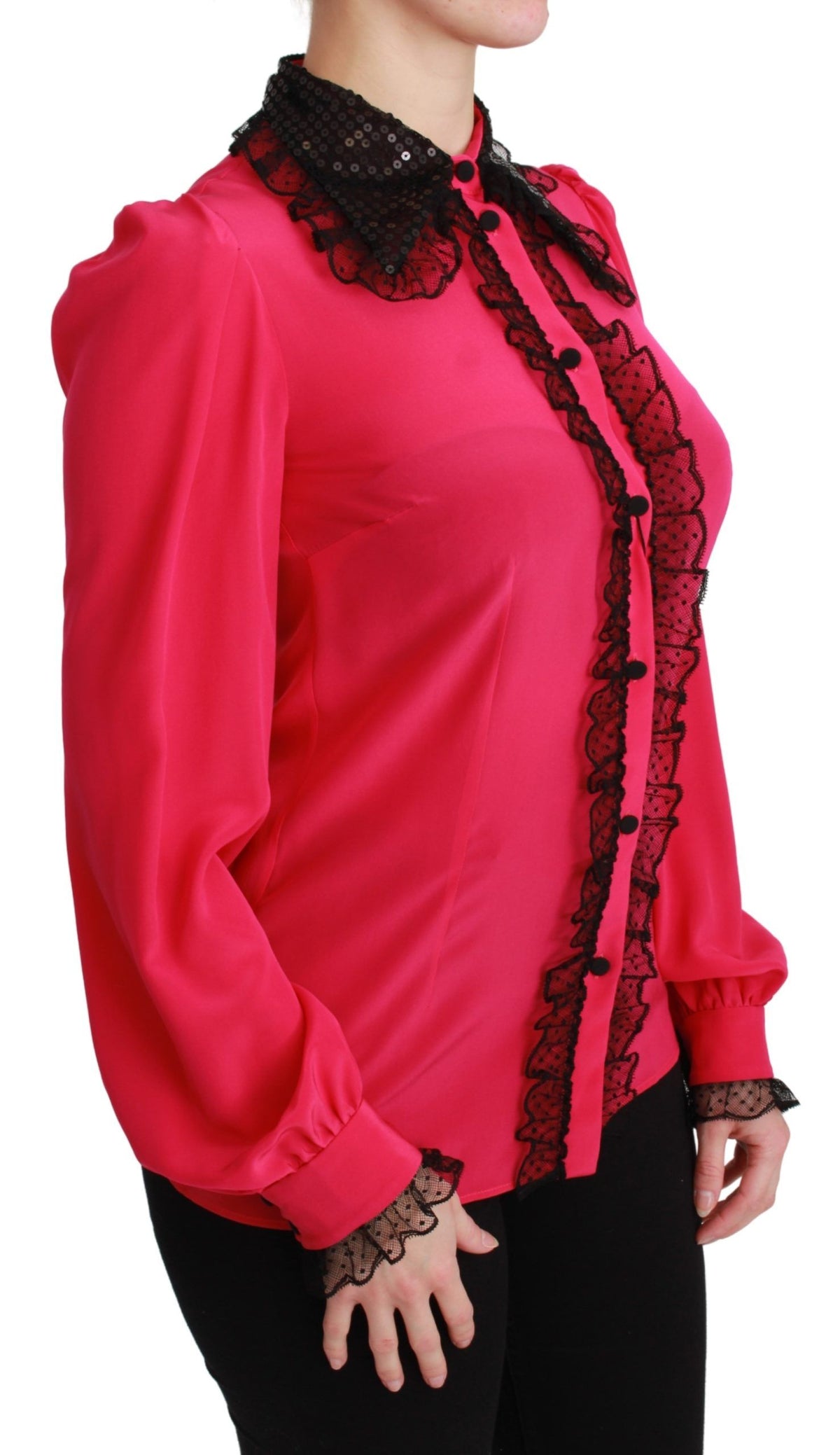 Dolce & Gabbana Pink Silk Black Sequin Lace Shirt Women's Blouse