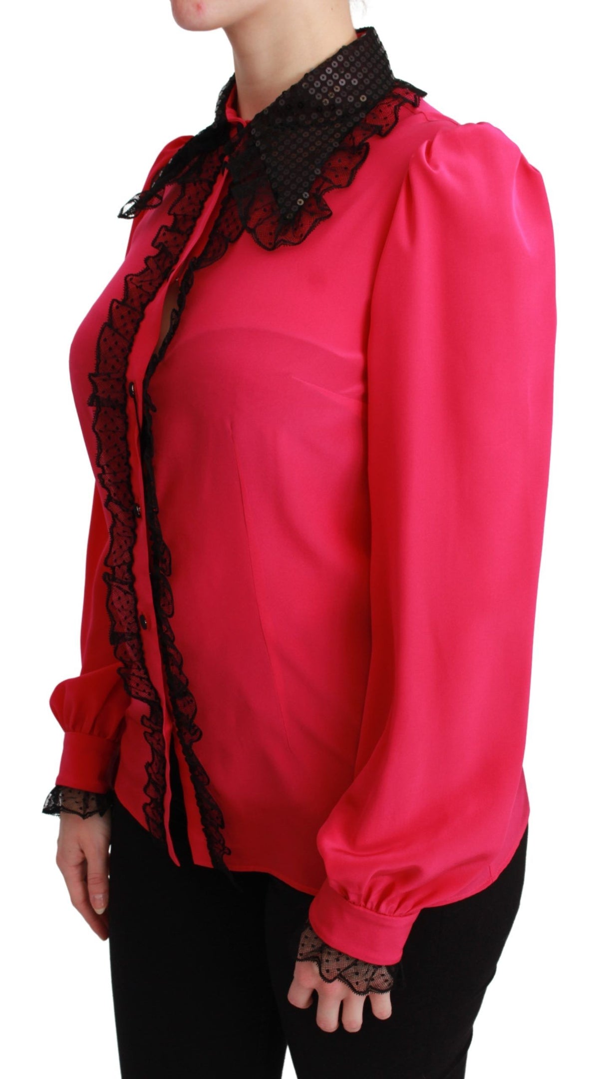 Dolce & Gabbana Pink Silk Black Sequin Lace Shirt Women's Blouse