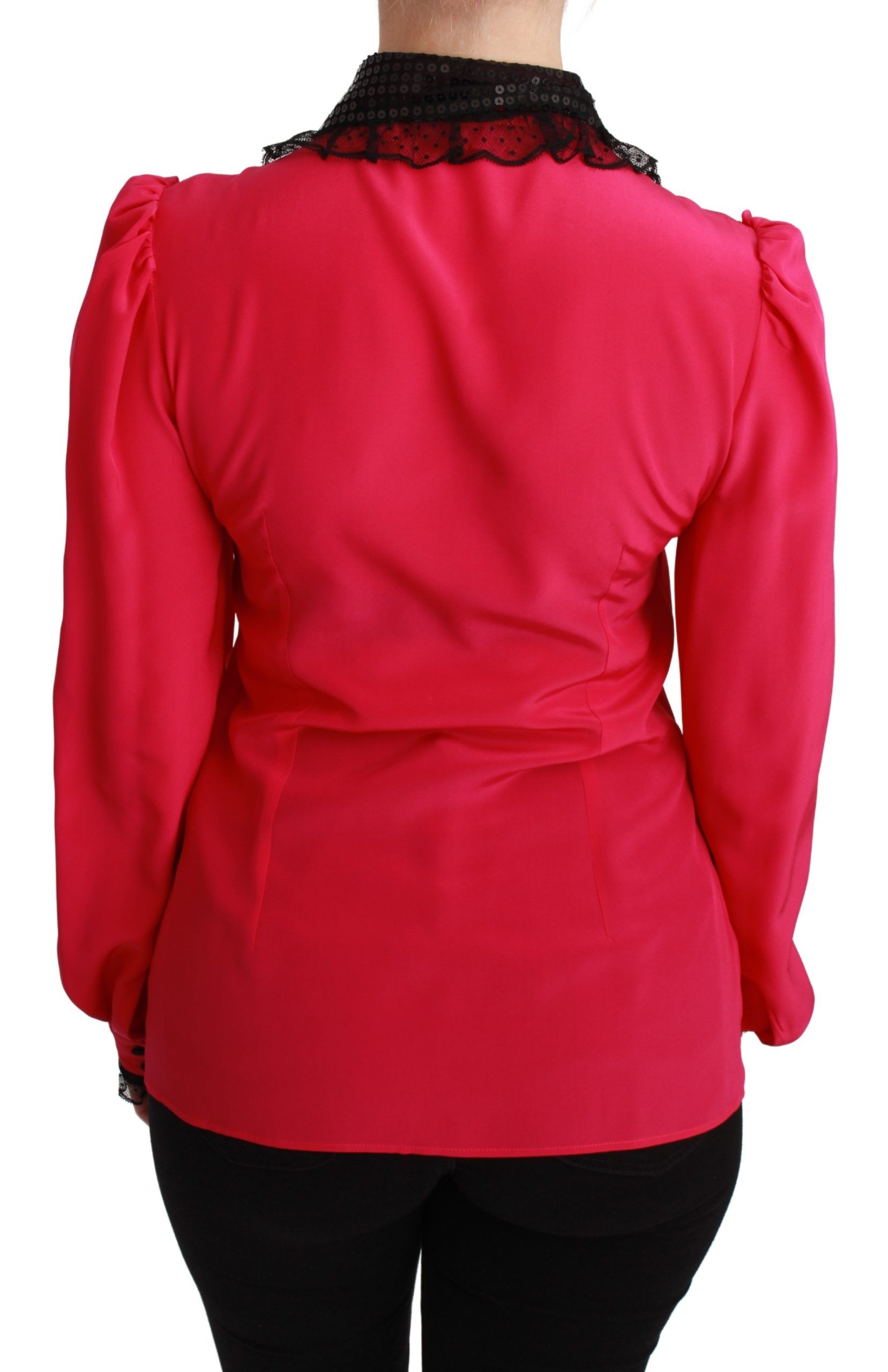 Dolce & Gabbana Pink Silk Black Sequin Lace Shirt Women's Blouse