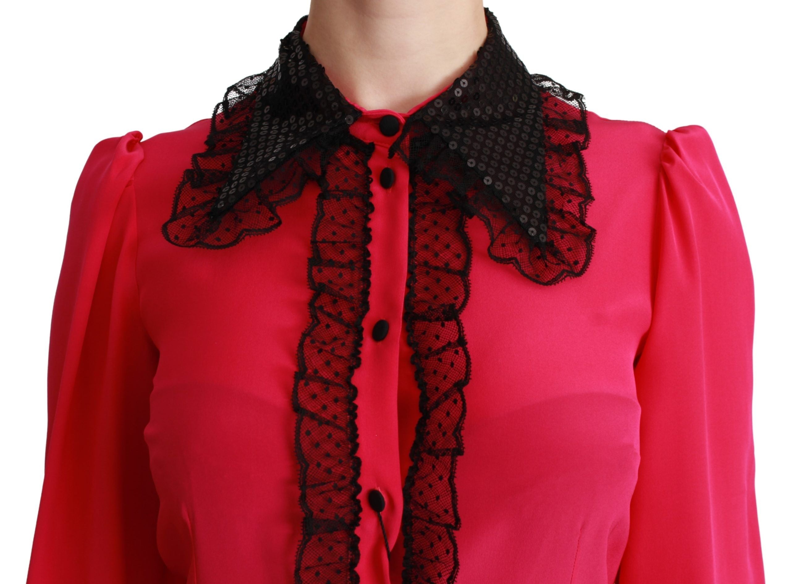 Dolce & Gabbana Pink Silk Black Sequin Lace Shirt Women's Blouse