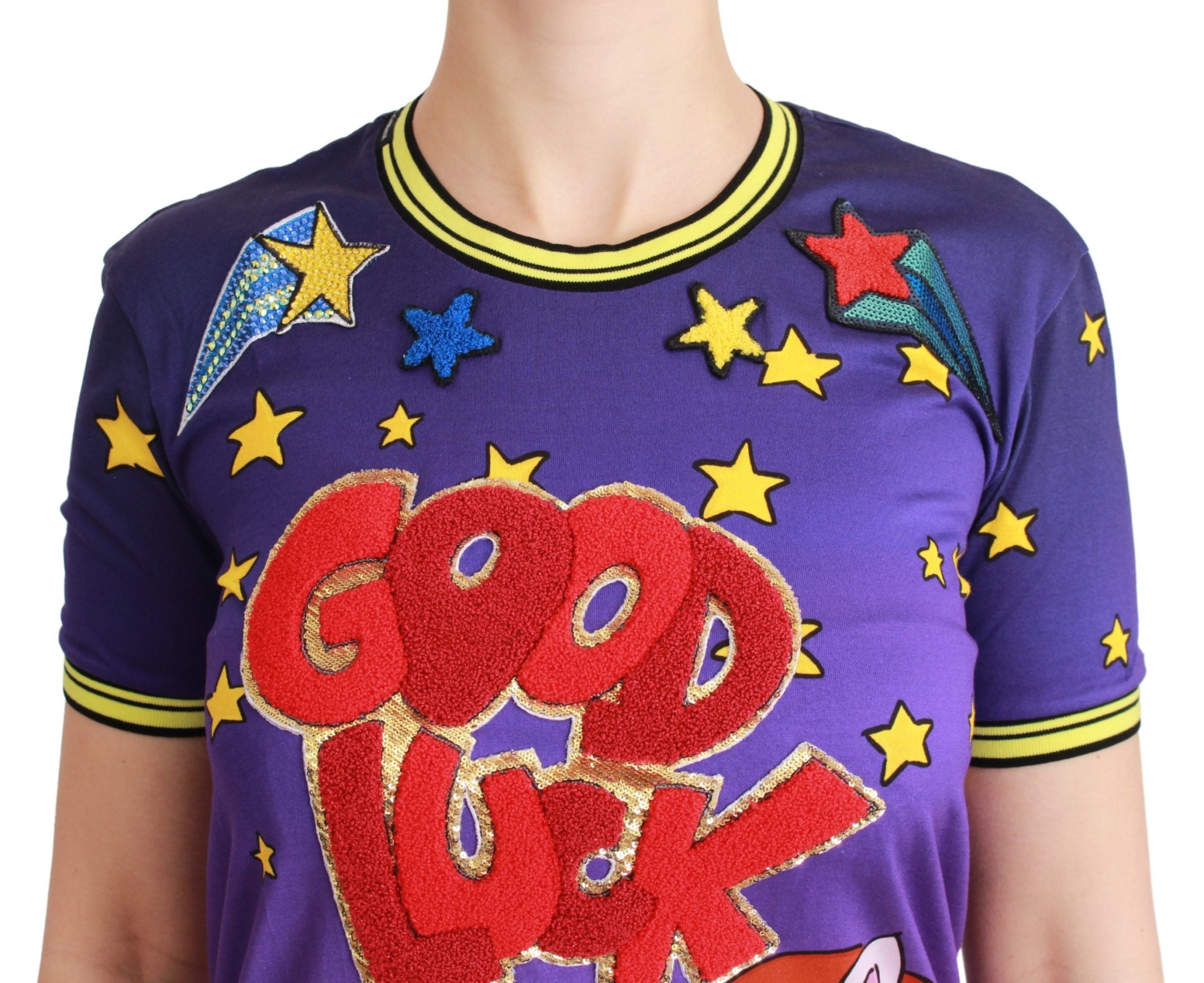 Dolce & Gabbana Purple YEAR OF THE PIG Top Cotton Women's T-shirt