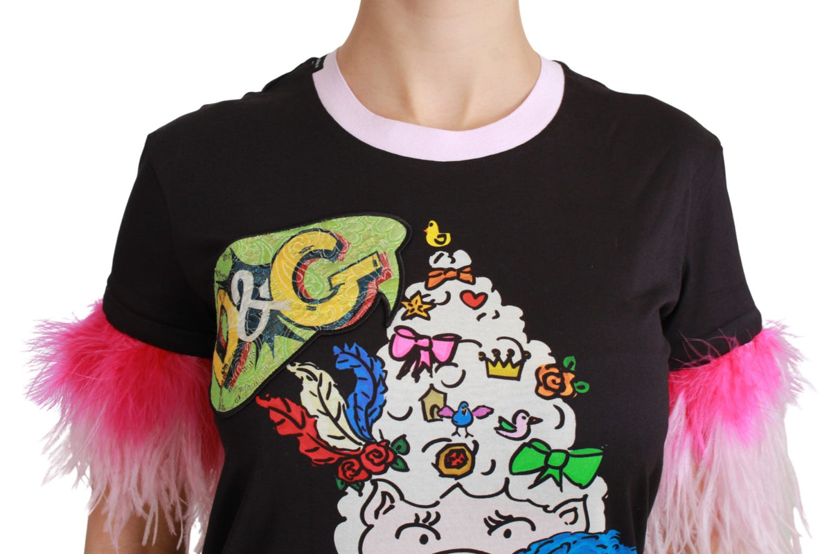 Dolce & Gabbana Black YEAR OF THE PIG Top Cotton Women's T-shirt