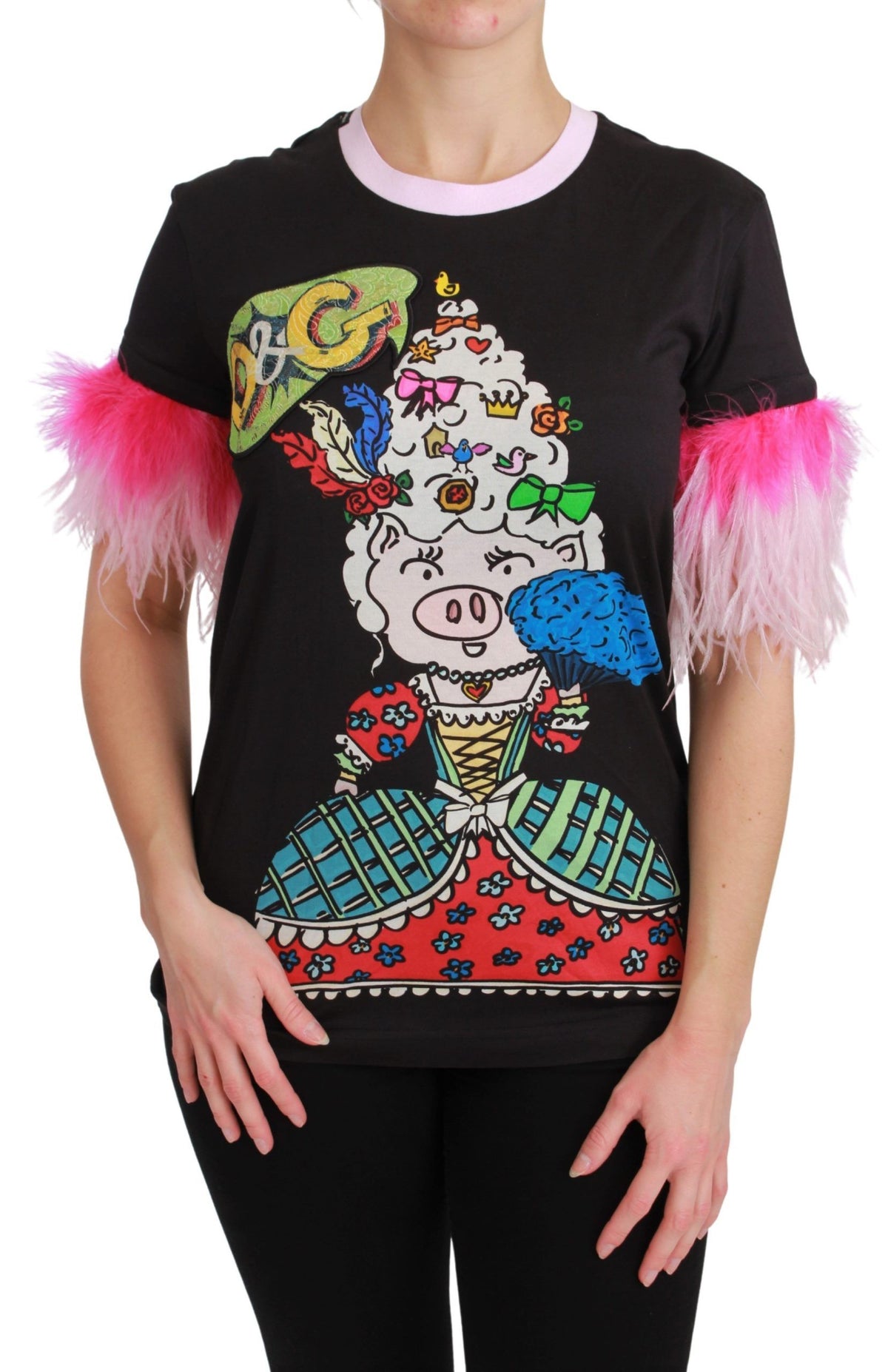 Dolce & Gabbana Black YEAR OF THE PIG Top Cotton Women's T-shirt