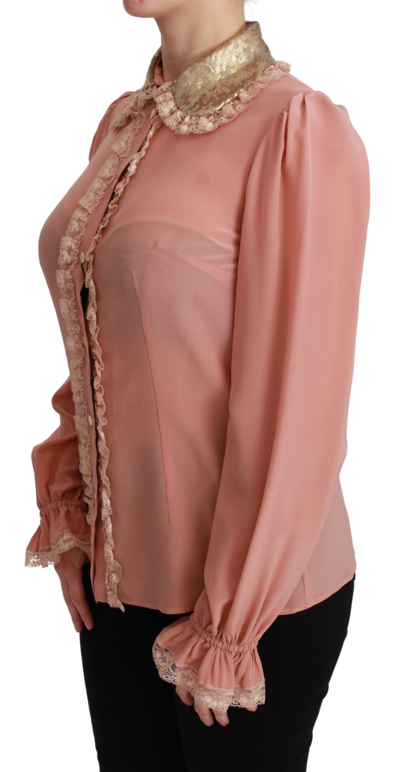 Dolce & Gabbana Pink Silk Gold Sequin Lace Blouse Women's Shirt