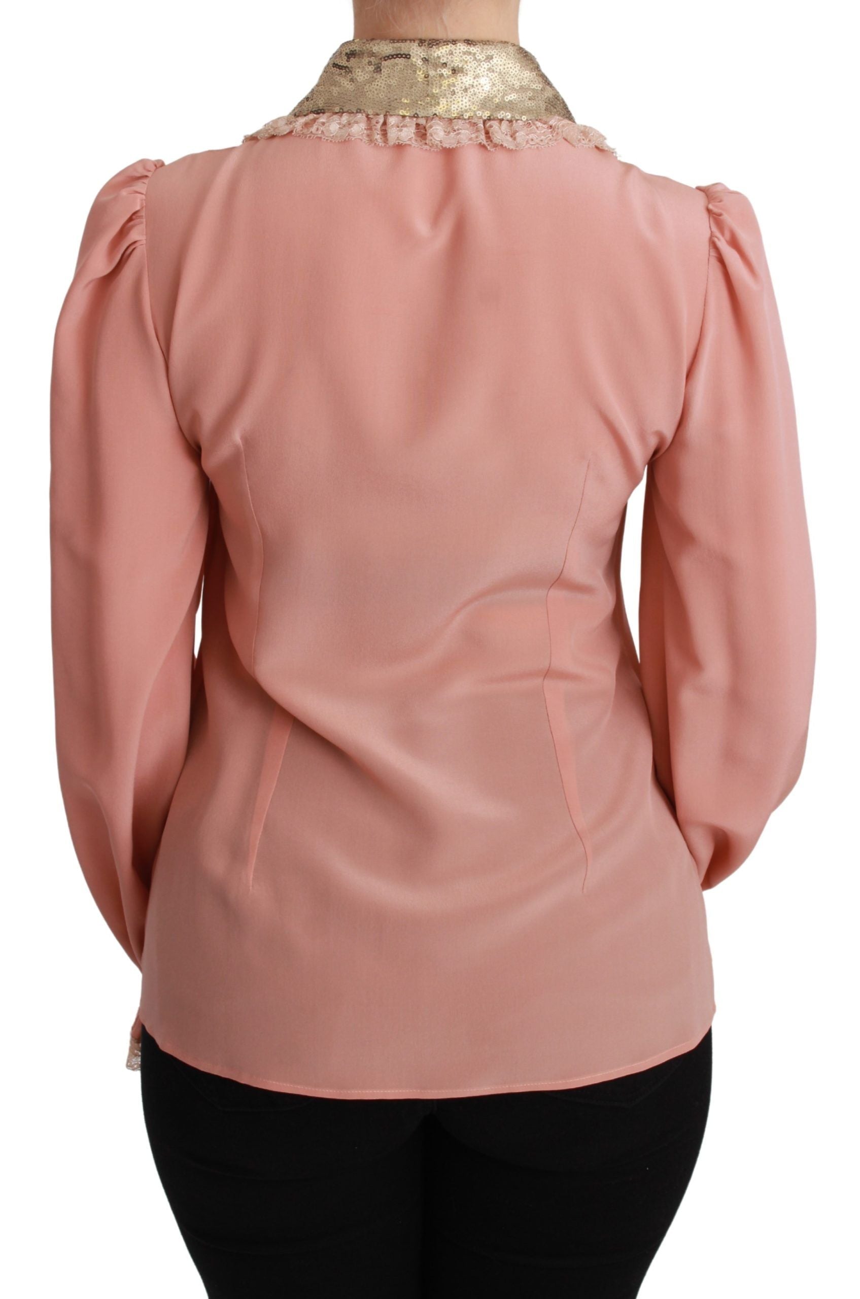 Dolce & Gabbana Pink Silk Gold Sequin Lace Blouse Women's Shirt
