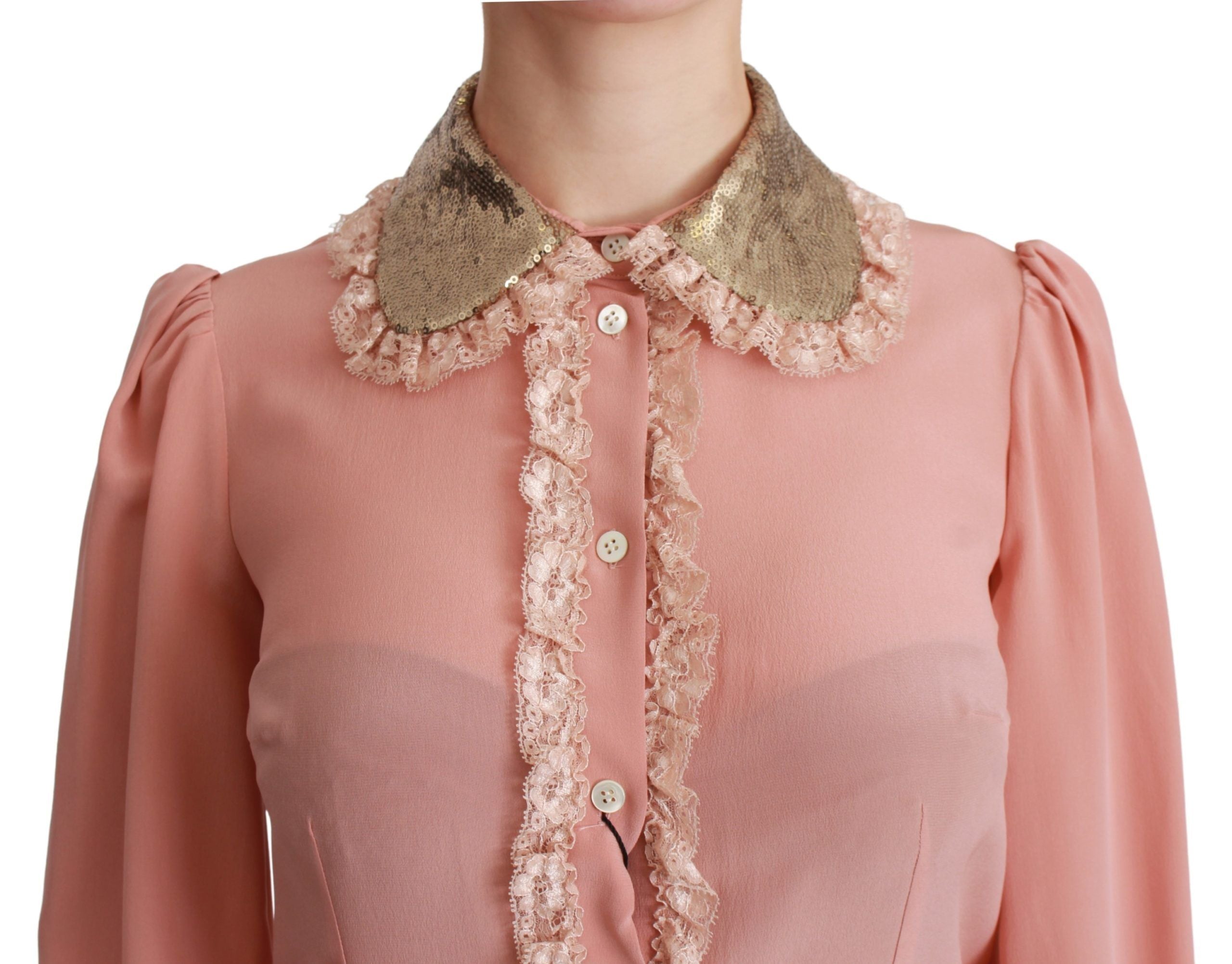 Dolce & Gabbana Pink Silk Gold Sequin Lace Blouse Women's Shirt