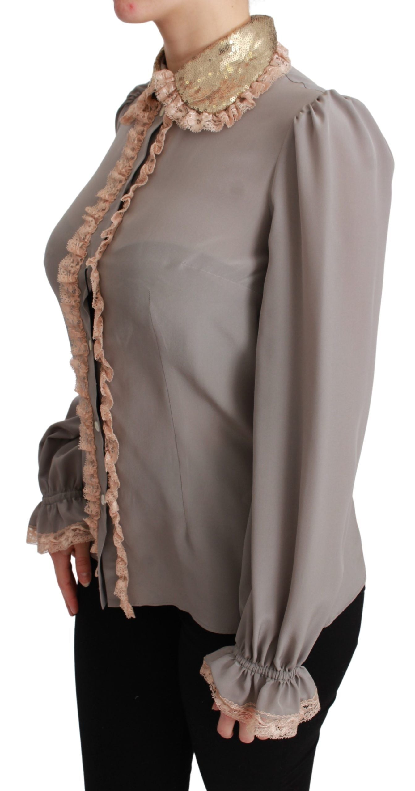 Dolce & Gabbana Gray Silk Gold Sequin Lace Blouse Women's Shirt
