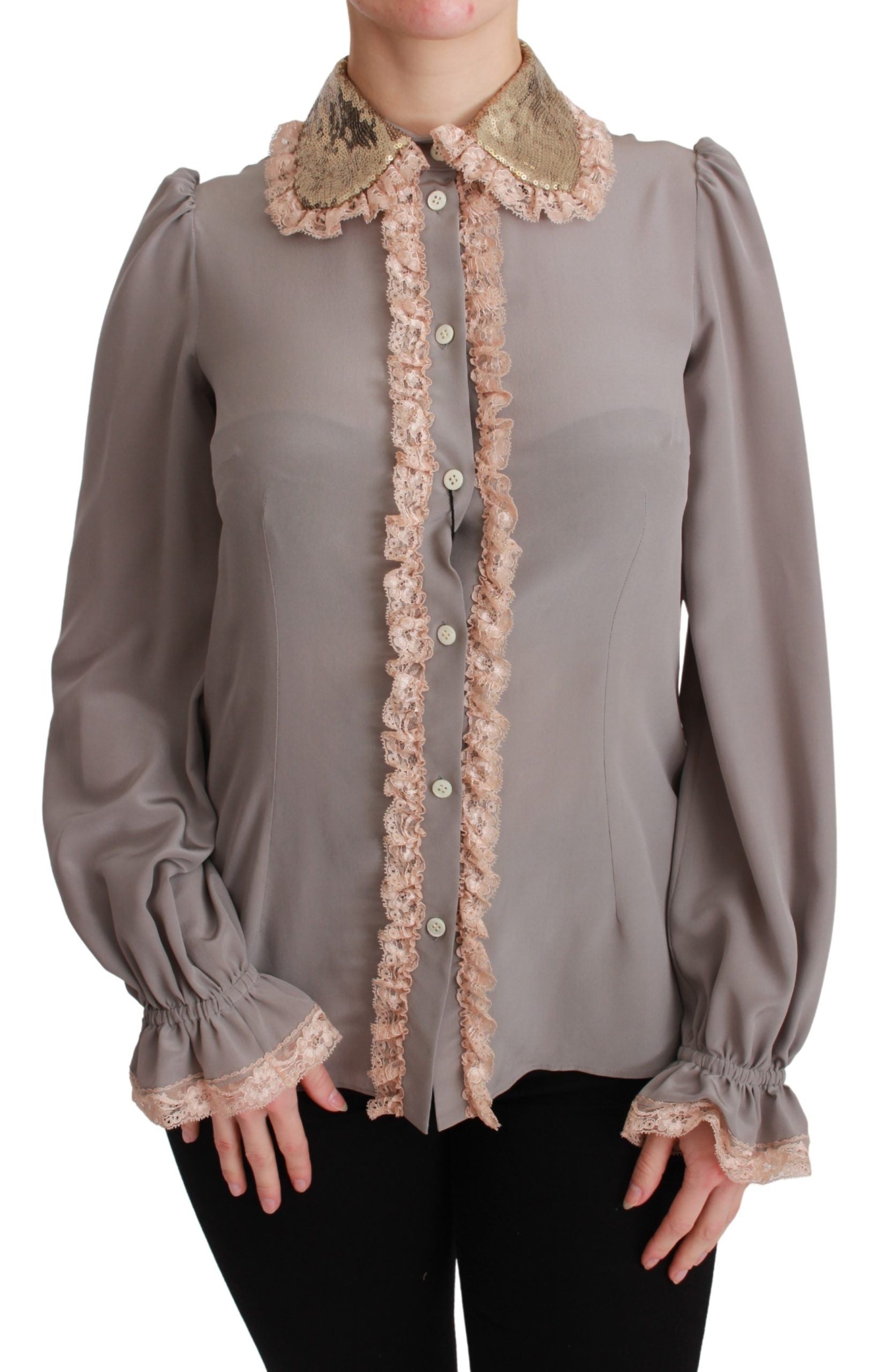 Dolce & Gabbana Gray Silk Gold Sequin Lace Blouse Women's Shirt