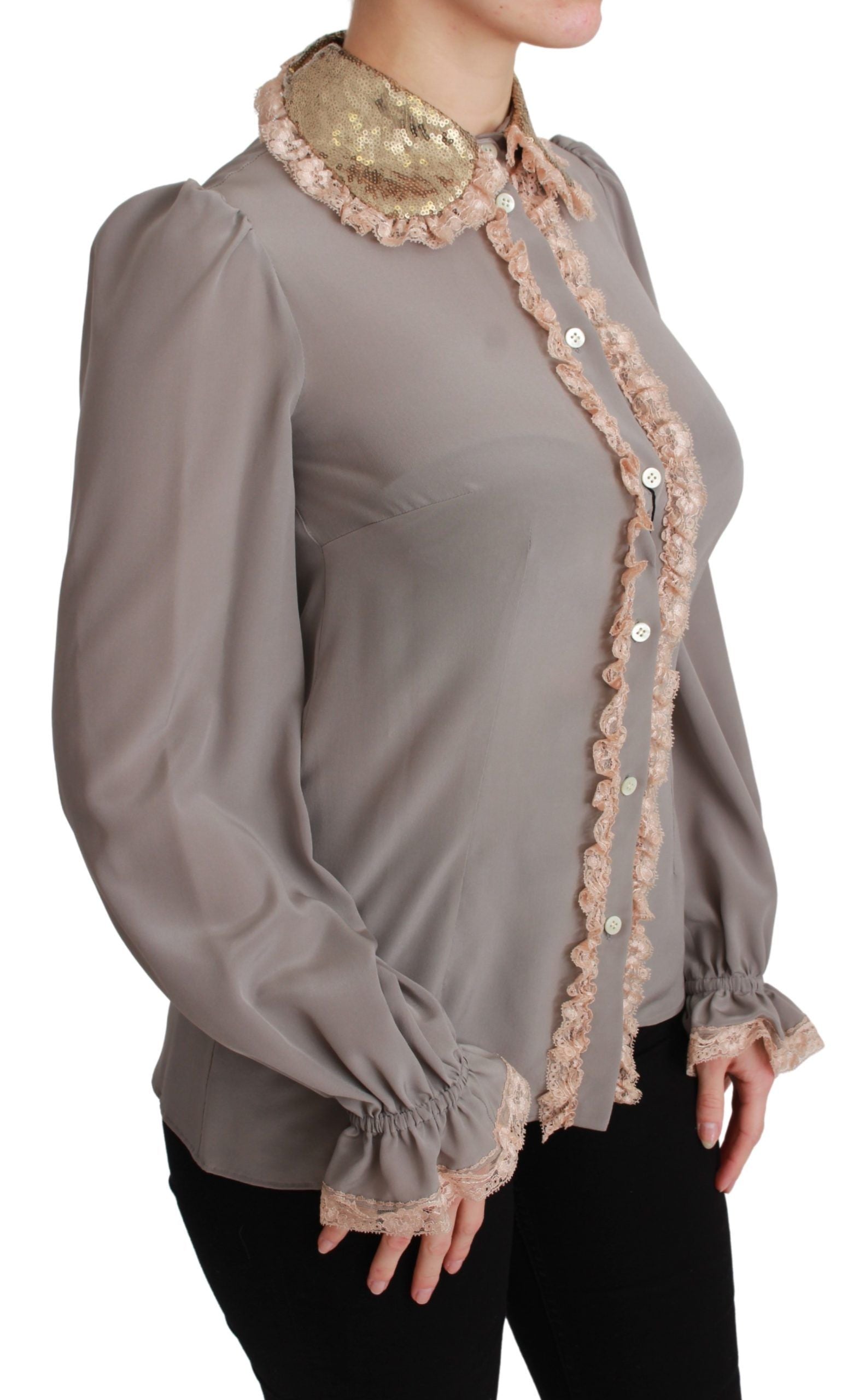Dolce & Gabbana Gray Silk Gold Sequin Lace Blouse Women's Shirt