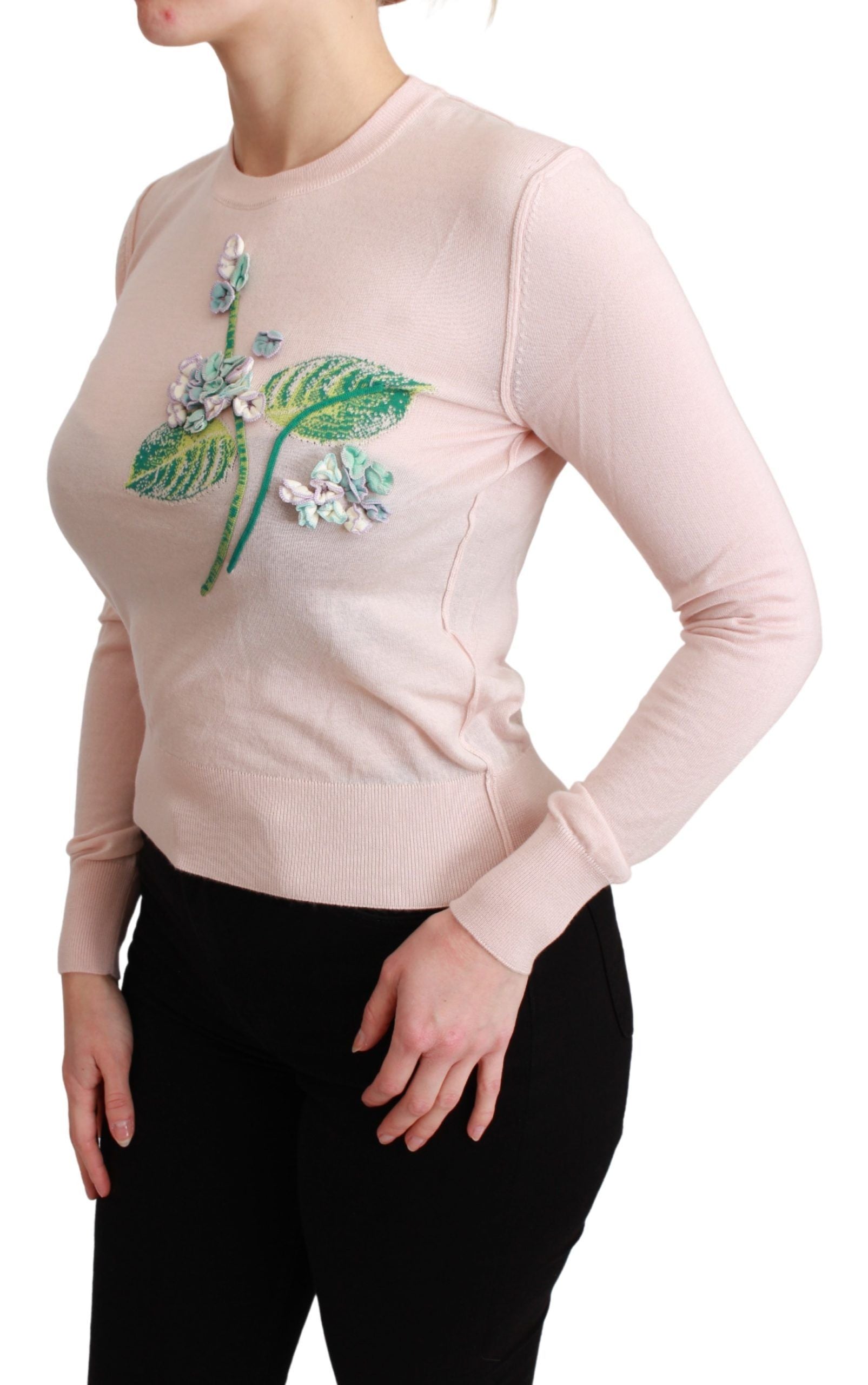 Dolce & Gabbana Pink Floral Silk Cashmere Pullover Women's Sweater