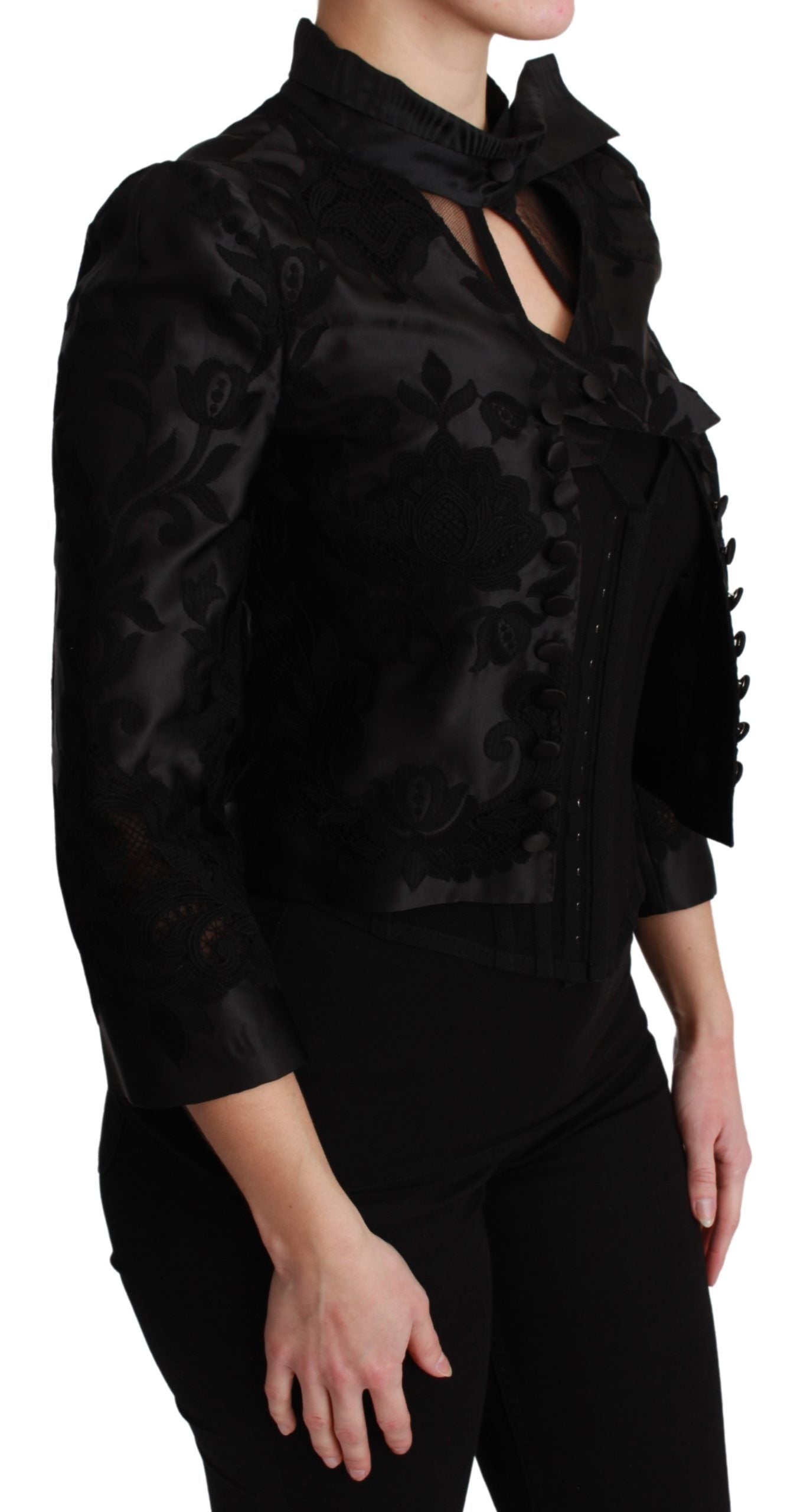 Dolce & Gabbana Black Floral Jacquard Blazer Silk Women's Jacket