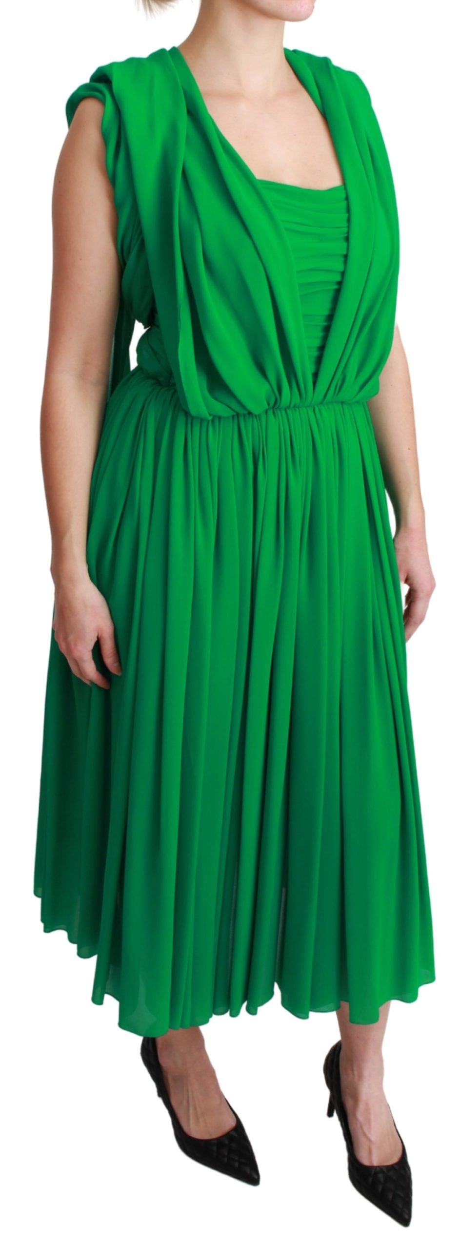 Dolce & Gabbana 100% Silk Green Sleeveless Pleated Maxi Women's Dress