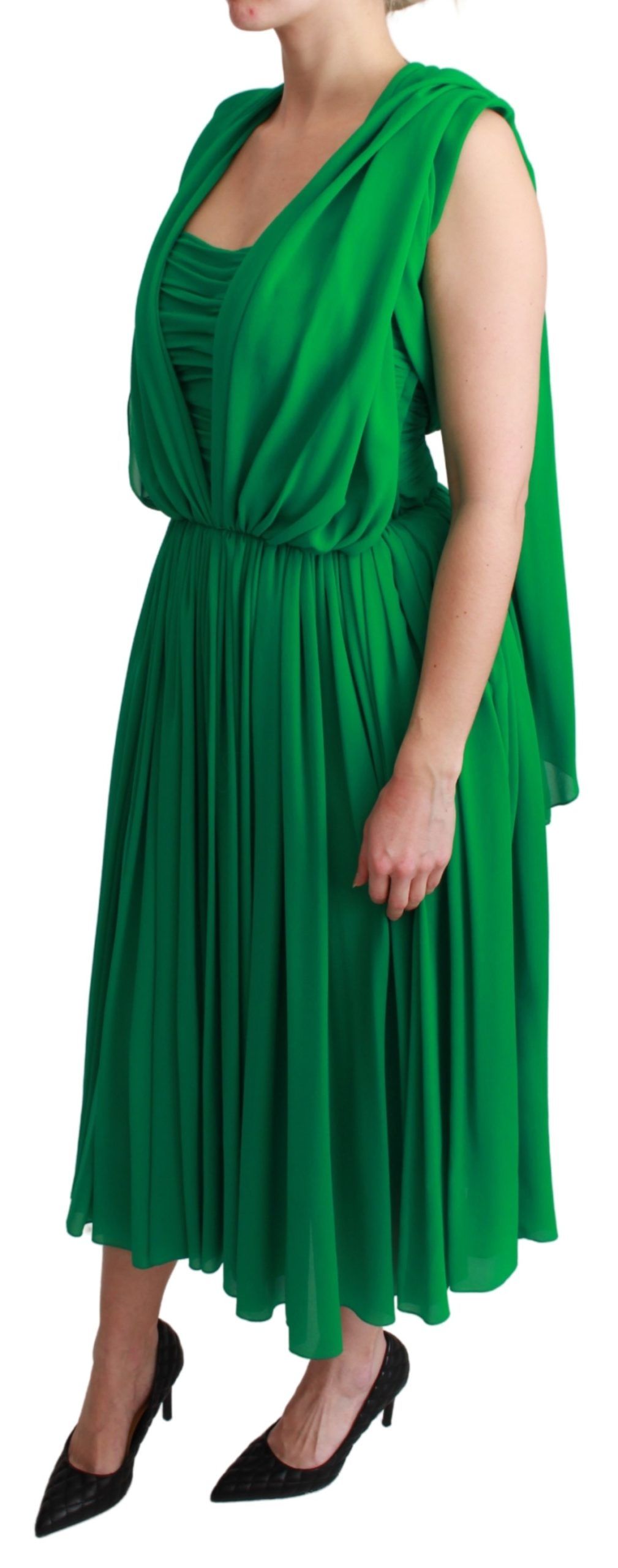 Dolce & Gabbana 100% Silk Green Sleeveless Pleated Maxi Women's Dress