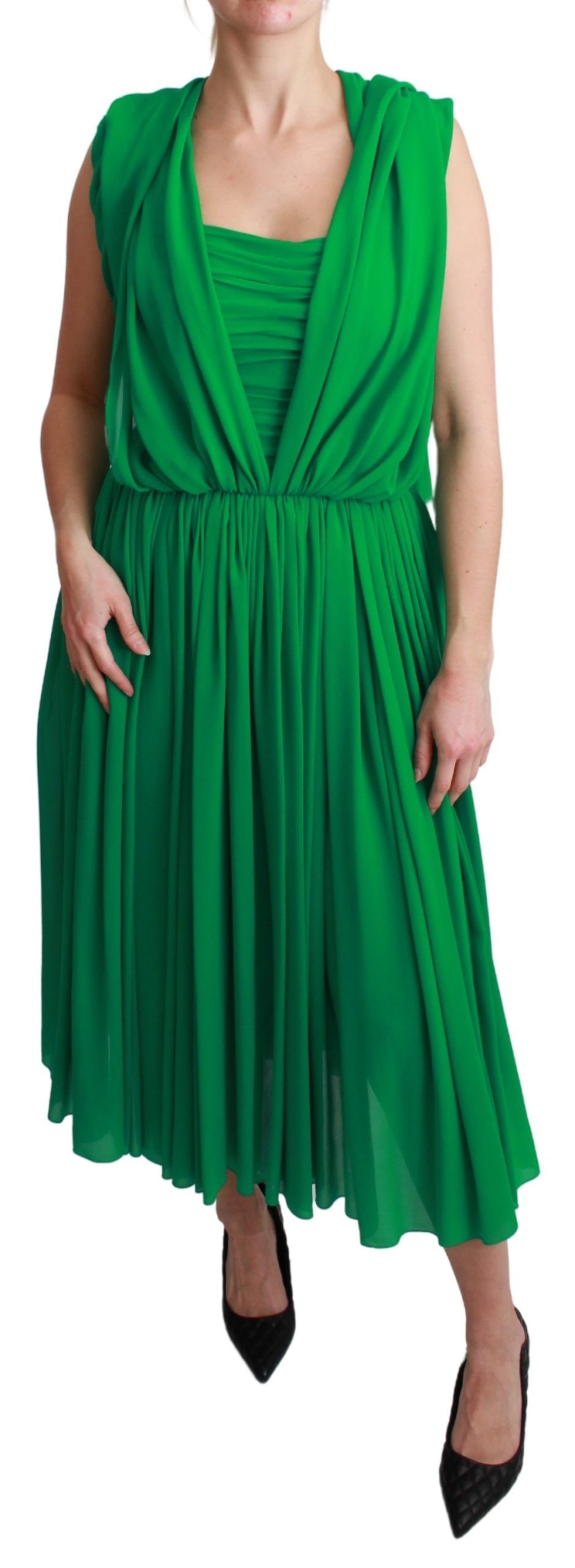 Dolce & Gabbana 100% Silk Green Sleeveless Pleated Maxi Women's Dress
