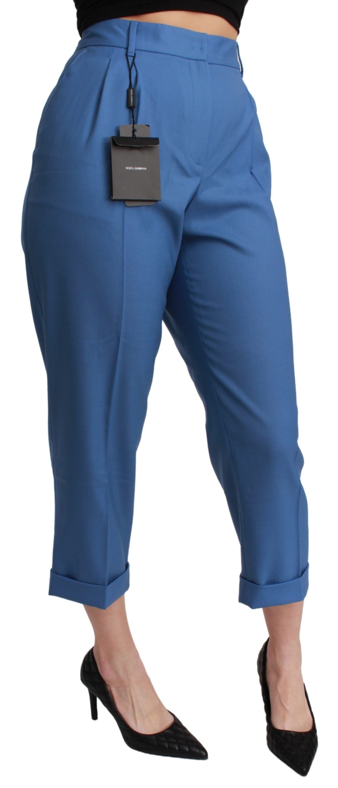 Dolce & Gabbana Blue Pleated Wool Cuffed Cropped Trouser Women's Pants