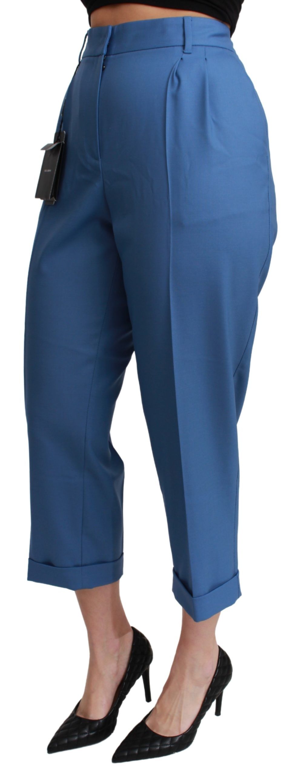 Dolce & Gabbana Blue Pleated Wool Cuffed Cropped Trouser Women's Pants