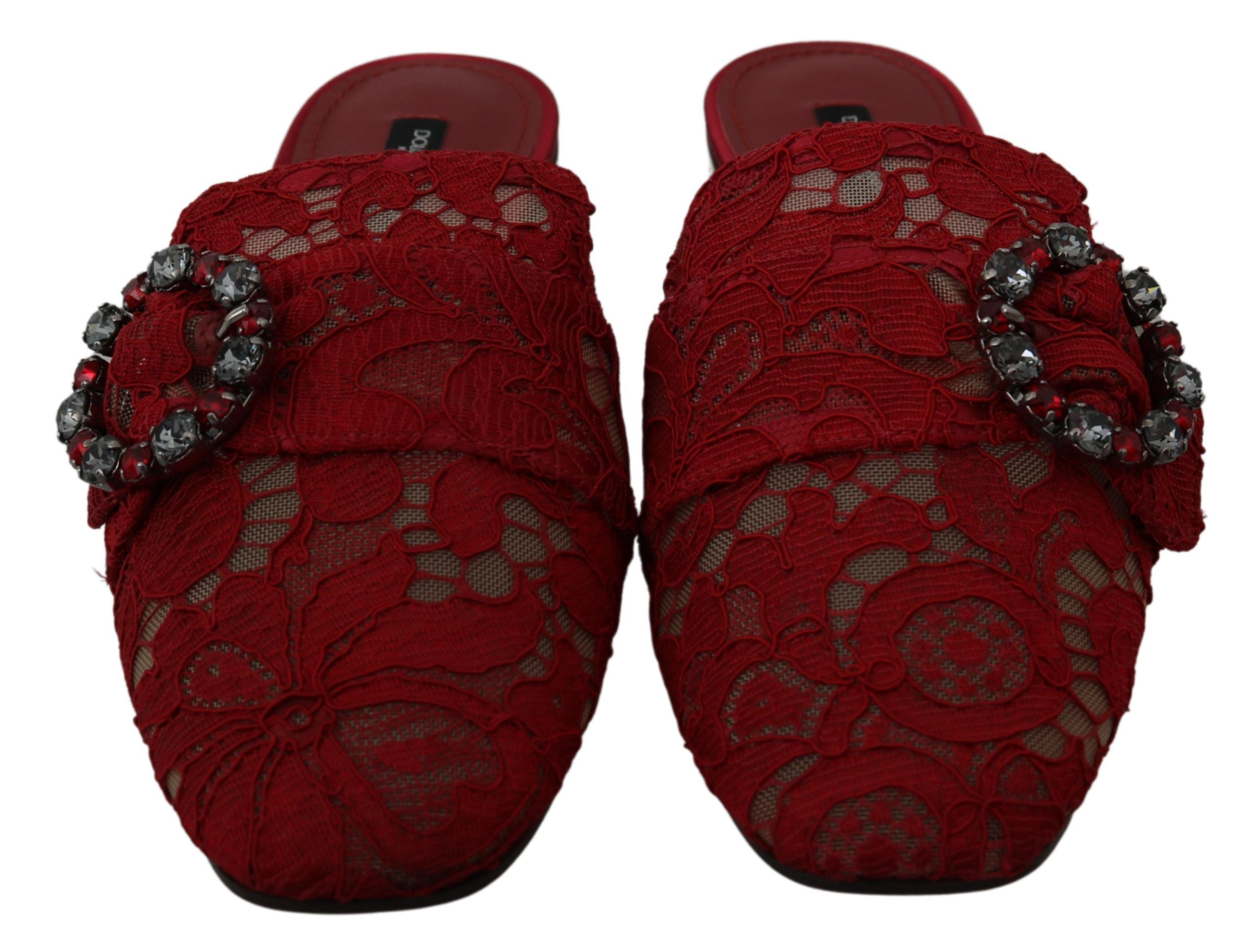 Dolce & Gabbana Red Lace Crystal Slide On Flats Women's Shoes