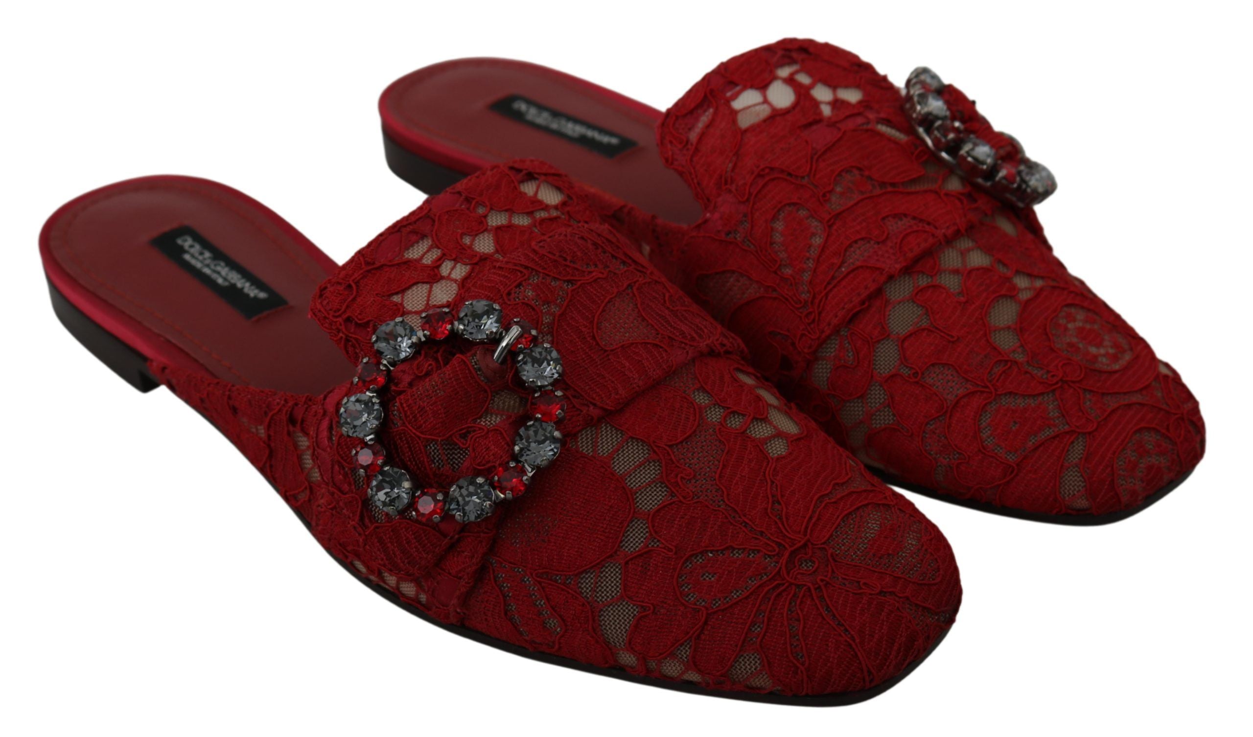 Dolce & Gabbana Red Lace Crystal Slide On Flats Women's Shoes
