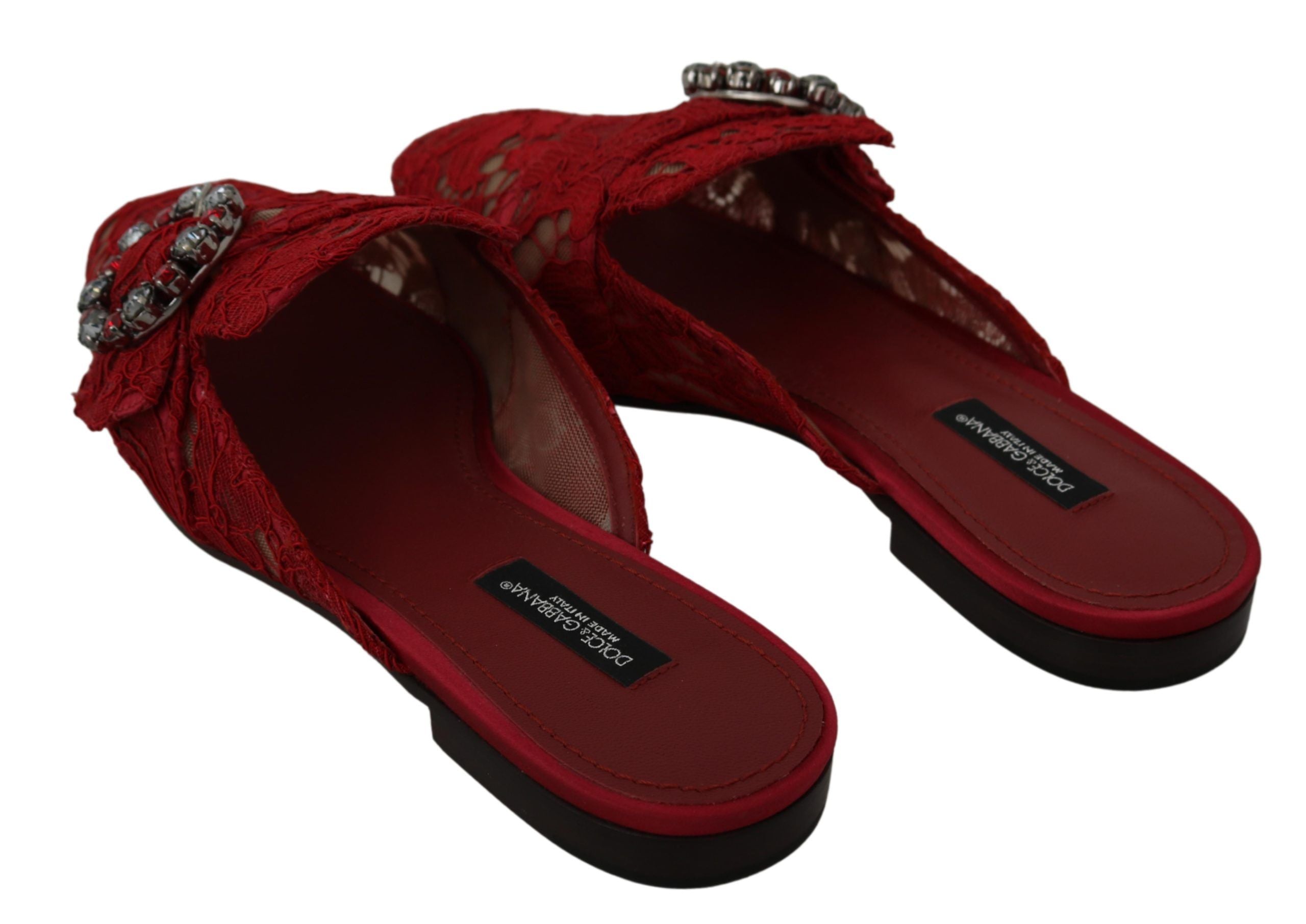 Dolce & Gabbana Red Lace Crystal Slide On Flats Women's Shoes