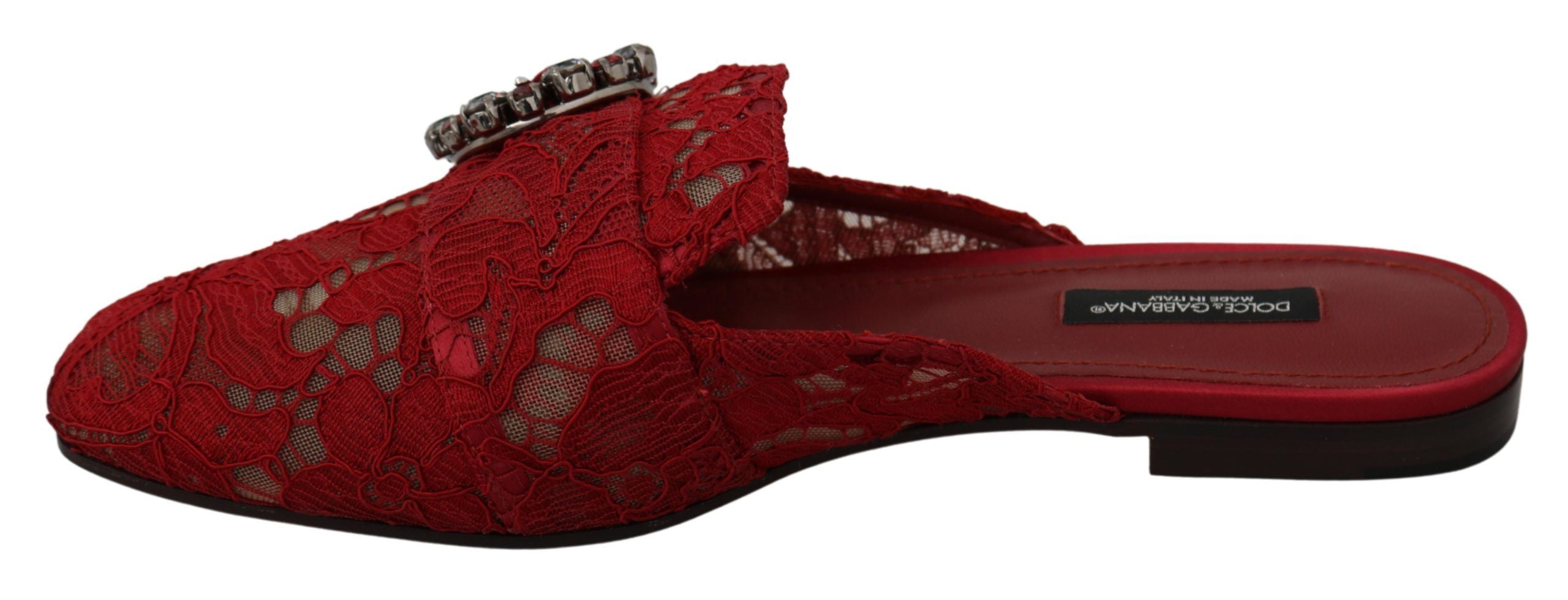Dolce & Gabbana Red Lace Crystal Slide On Flats Women's Shoes