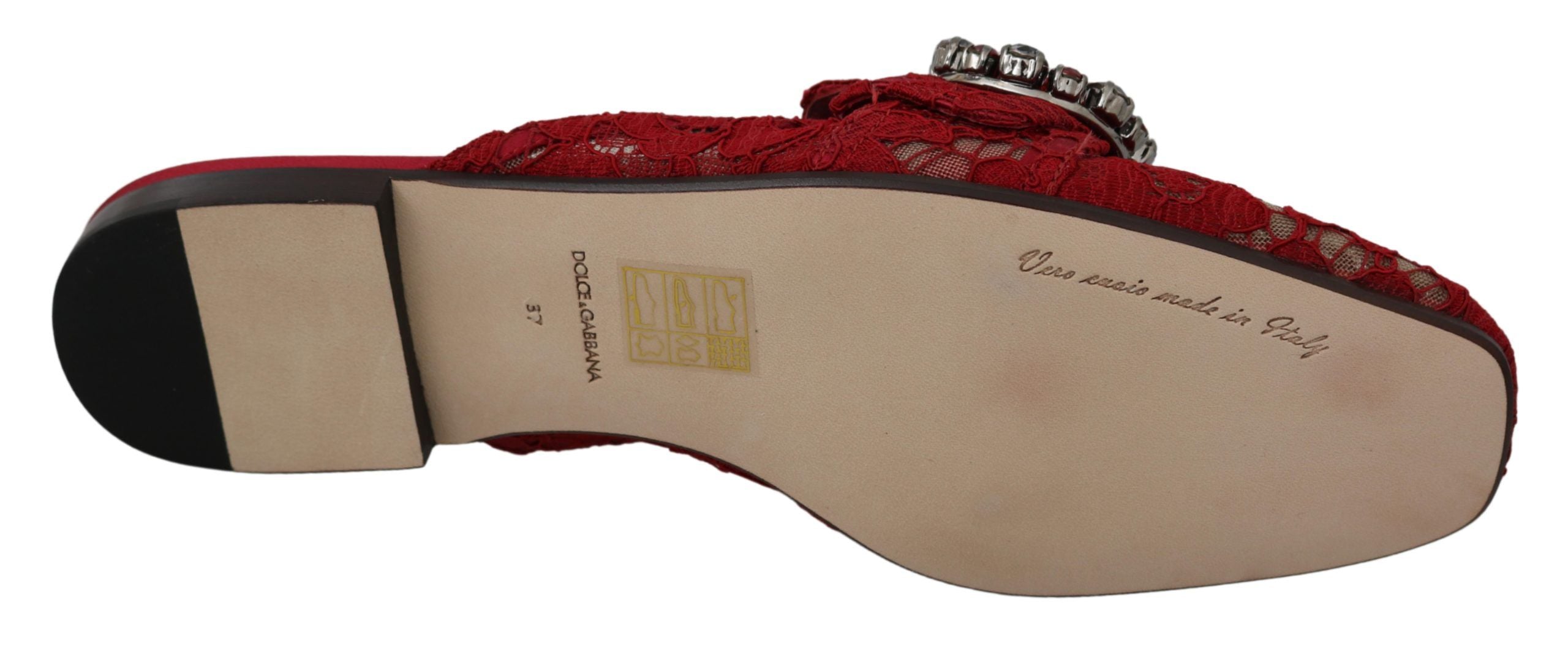 Dolce & Gabbana Red Lace Crystal Slide On Flats Women's Shoes