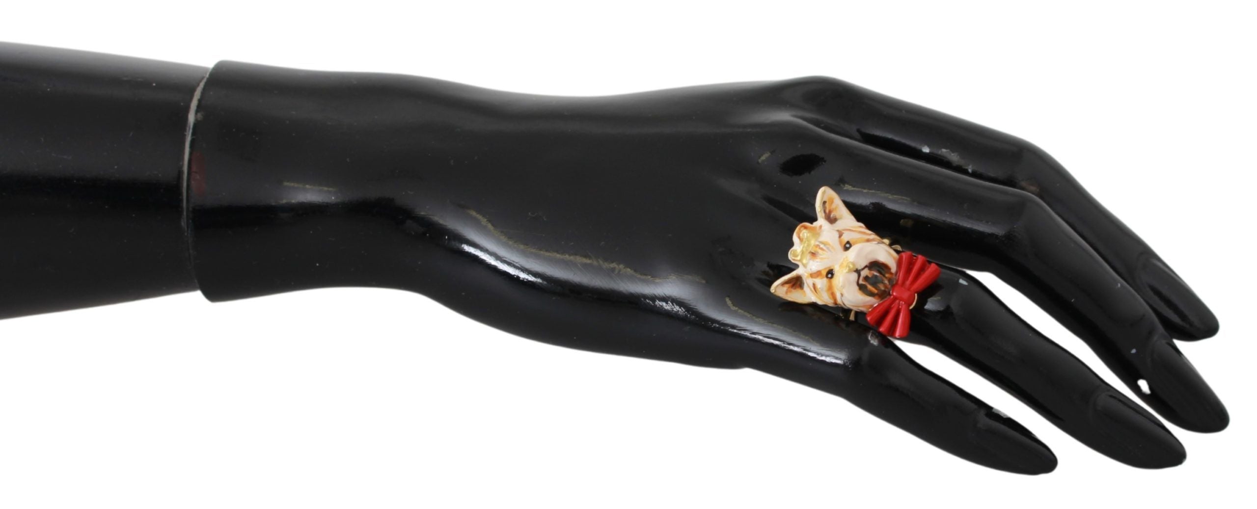Dolce & Gabbana Gold Brass Resin Beige Dog Pet Branded Accessory Women's Ring
