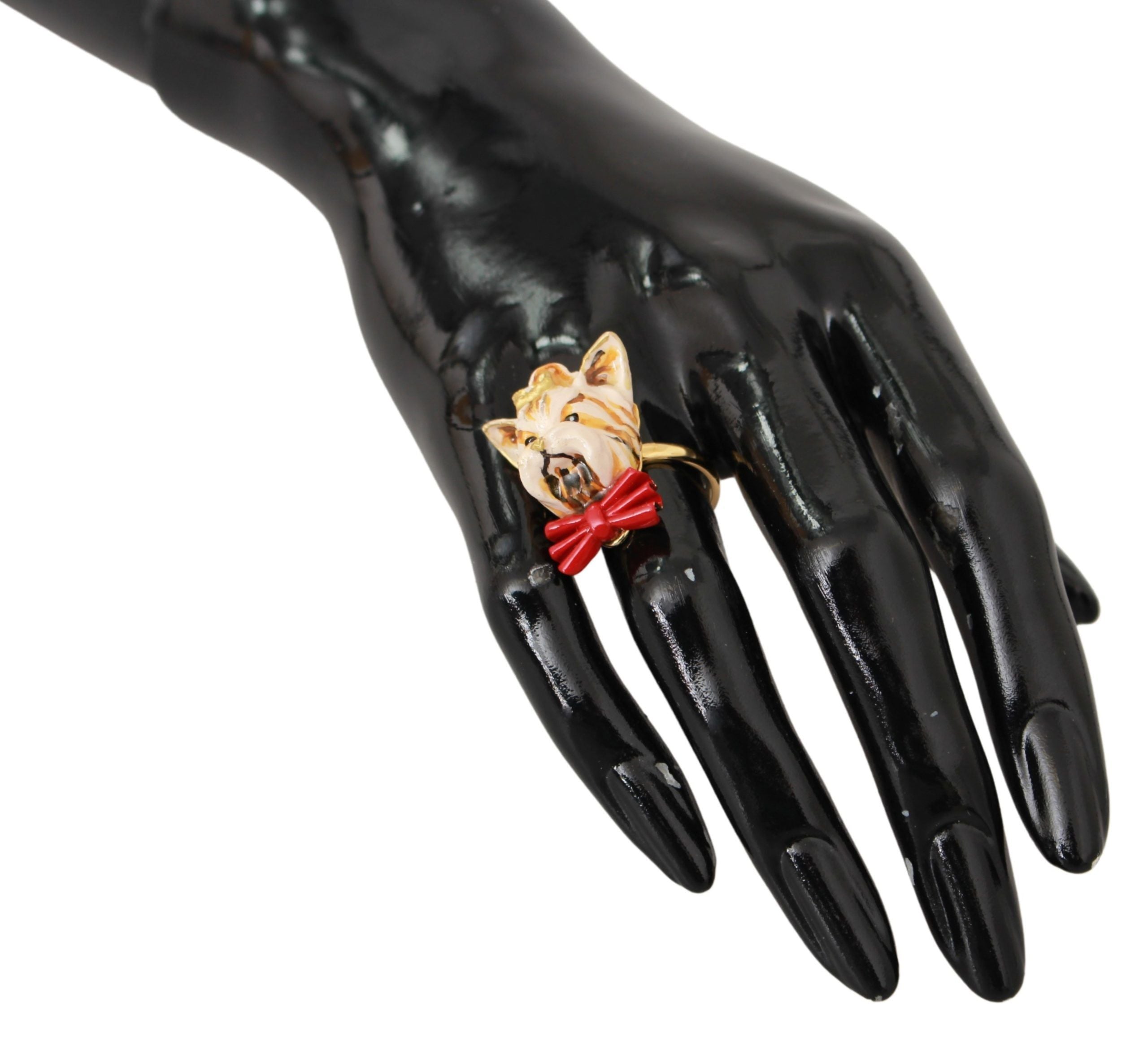 Dolce & Gabbana Gold Brass Resin Beige Dog Pet Branded Accessory Women's Ring