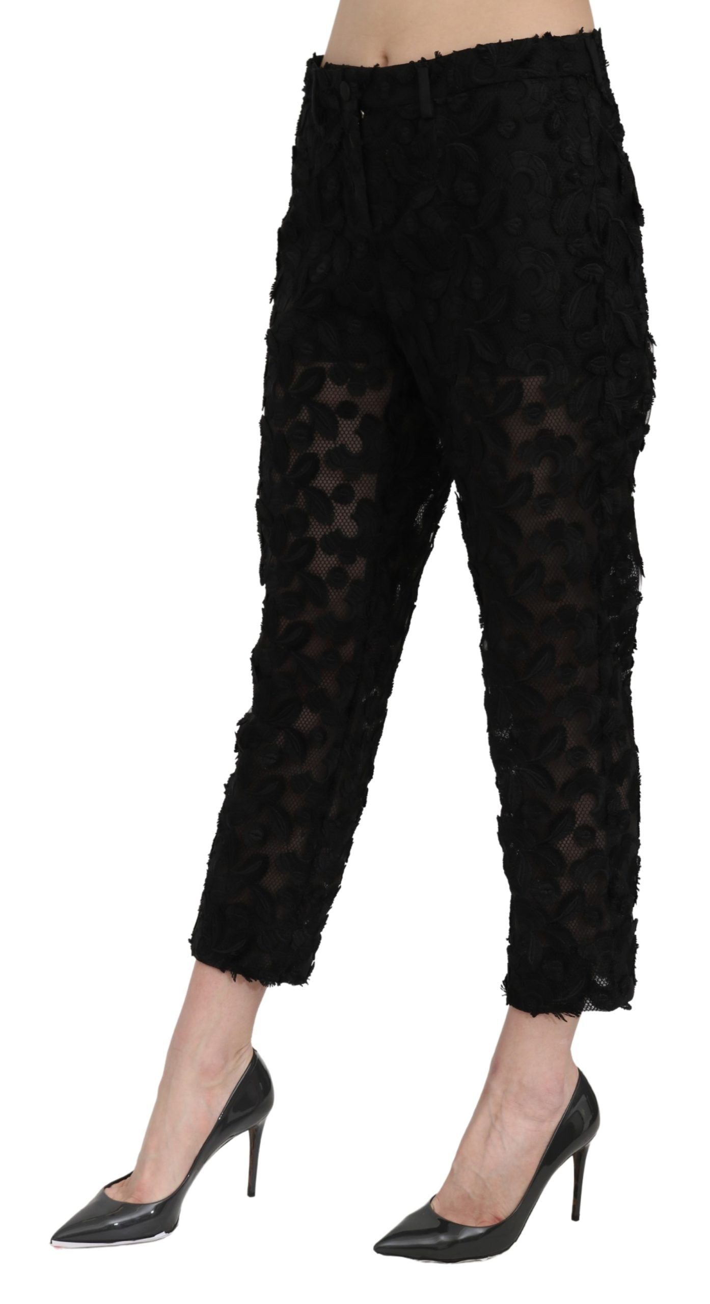 Dolce & Gabbana Black Lace Straight Cropped High Waist Women's Pants