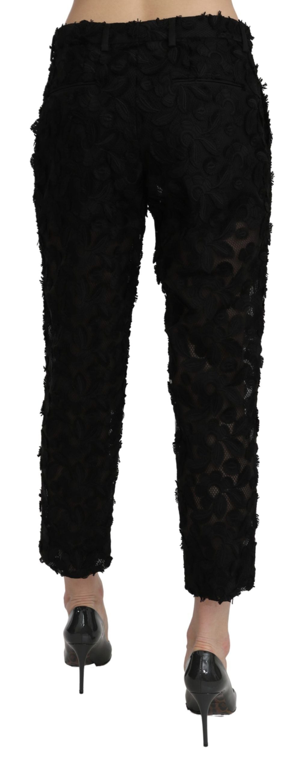 Dolce & Gabbana Black Lace Straight Cropped High Waist Women's Pants