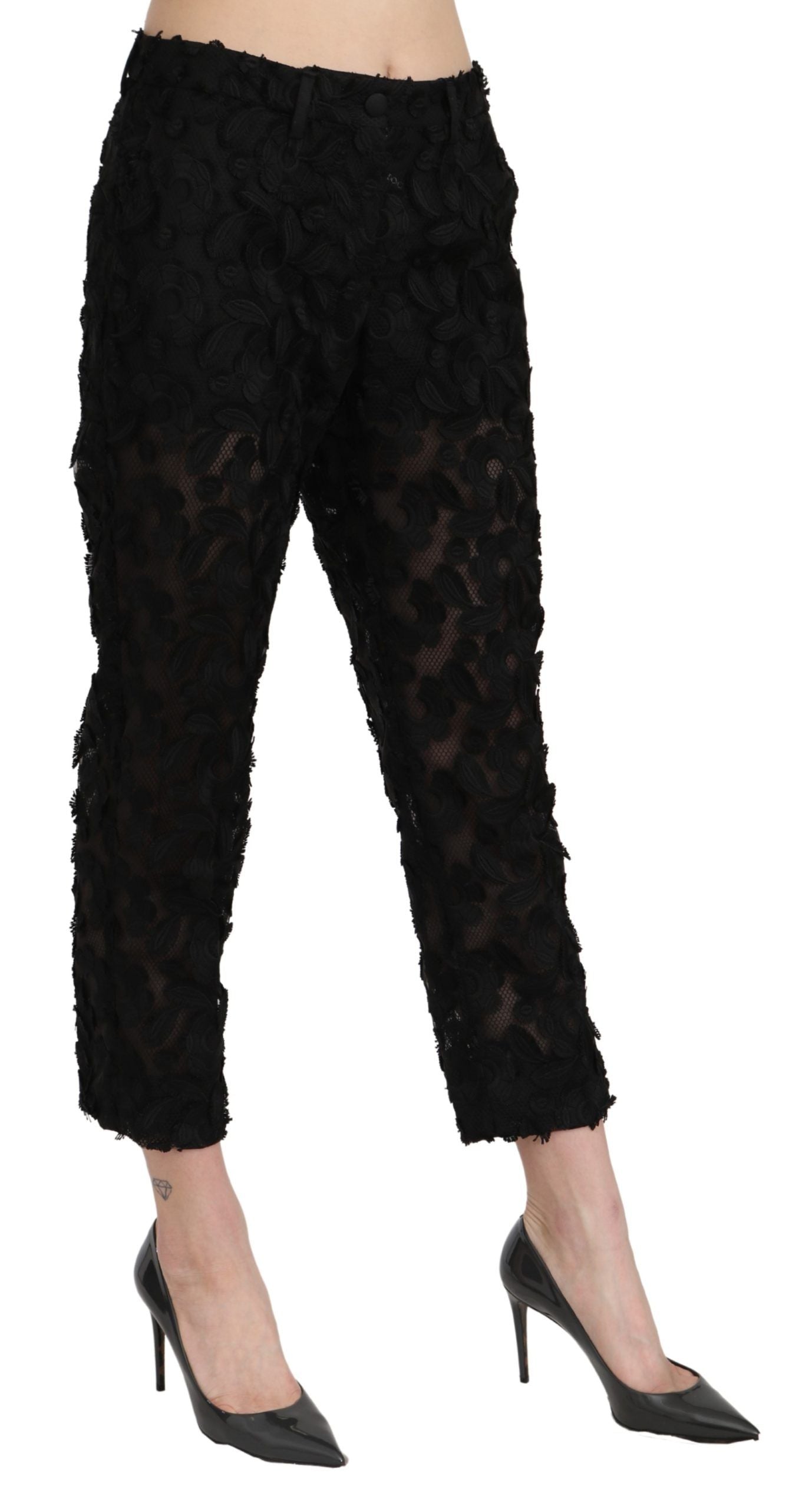 Dolce & Gabbana Black Lace Straight Cropped High Waist Women's Pants