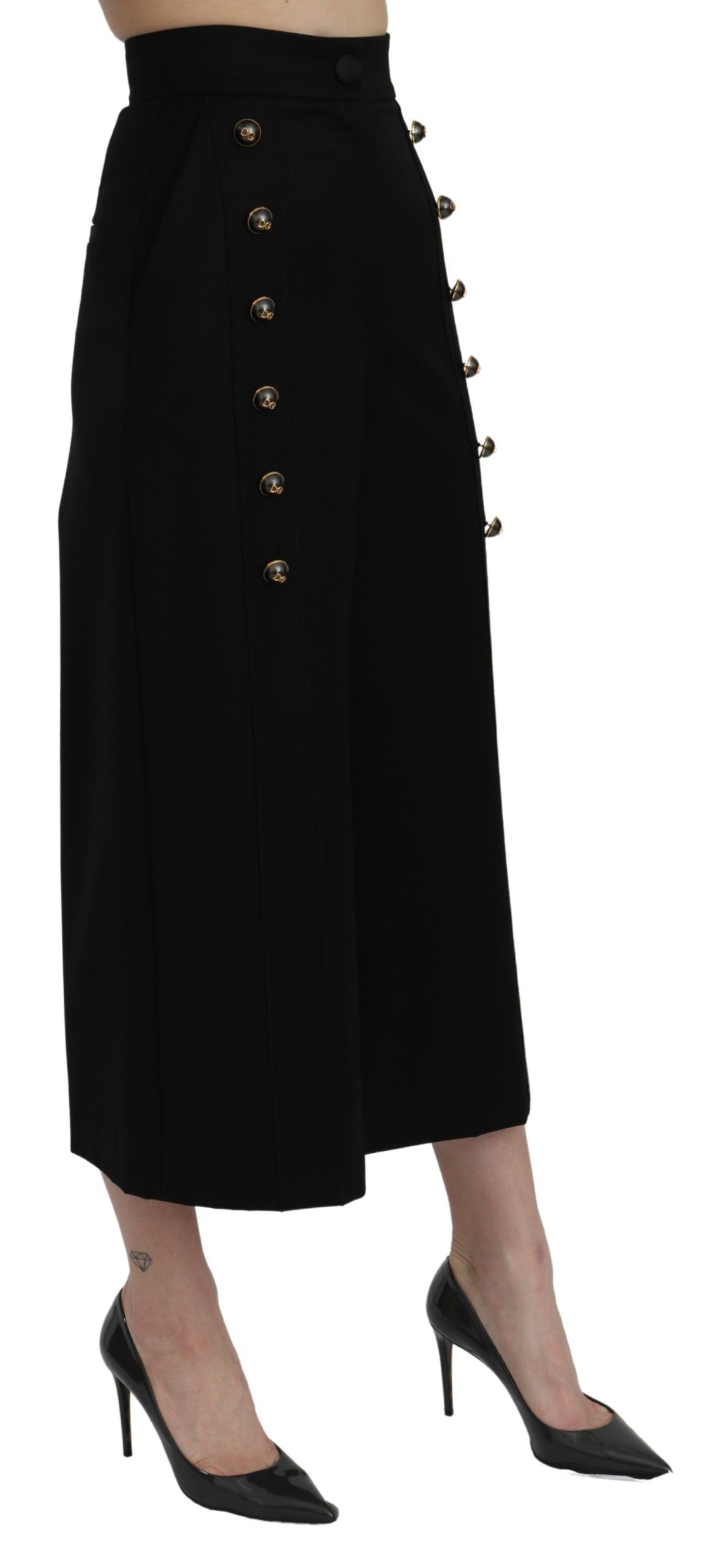 Dolce & Gabbana Black High Waist Wide Leg Cropped Women's Pants