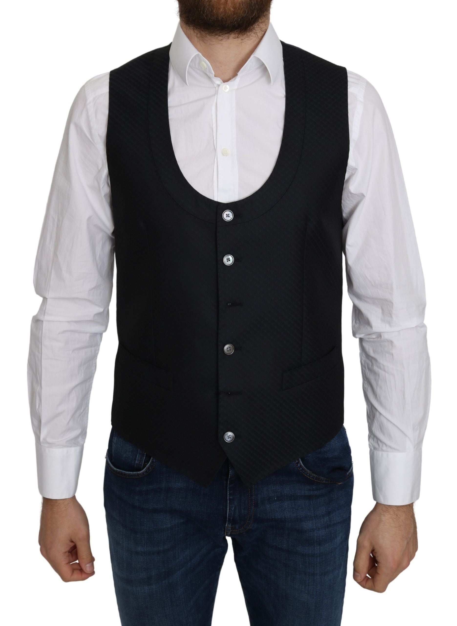 Dolce & Gabbana Blue Silk Romb Pattern Formal Coat Men's Vest