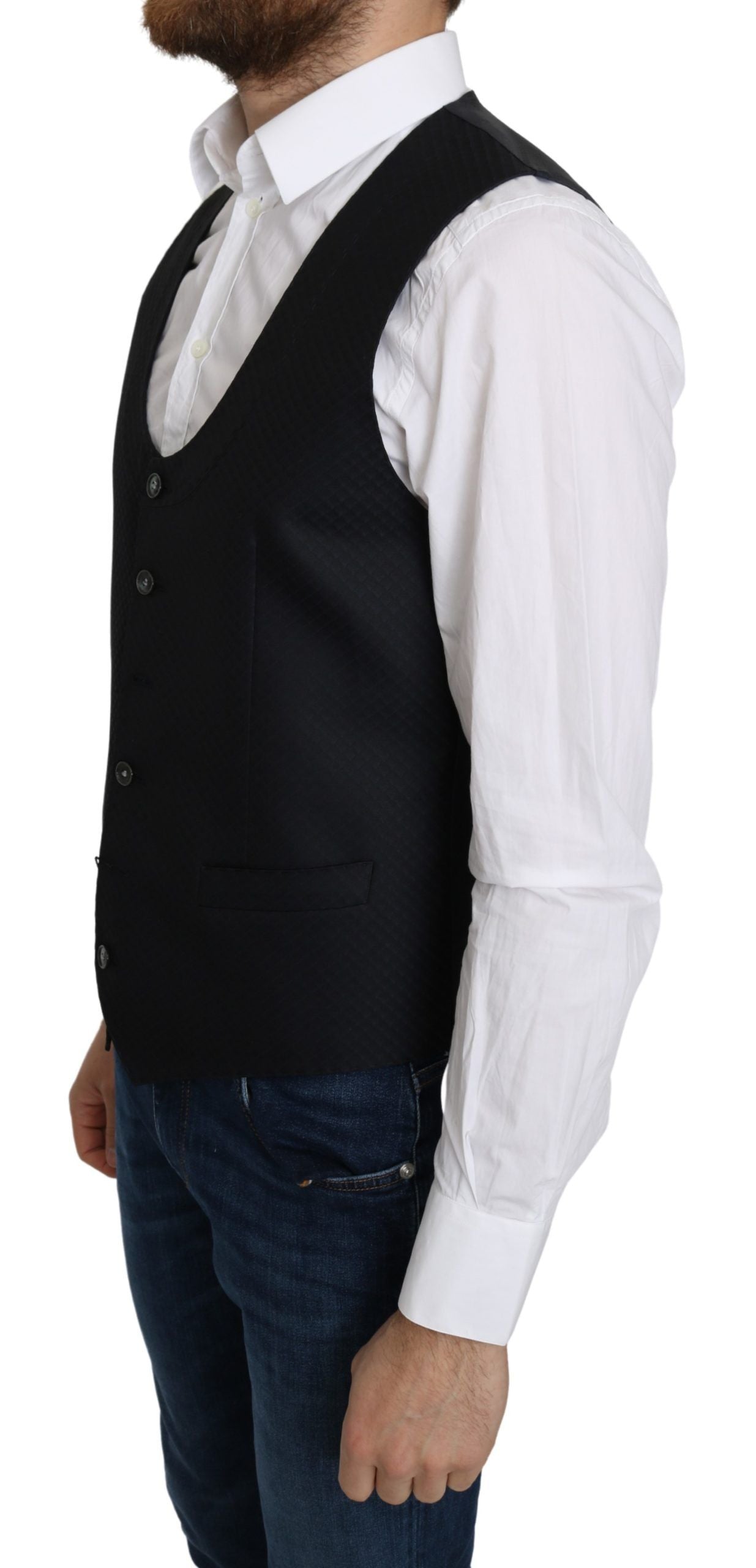 Dolce & Gabbana Blue Silk Romb Pattern Formal Coat Men's Vest