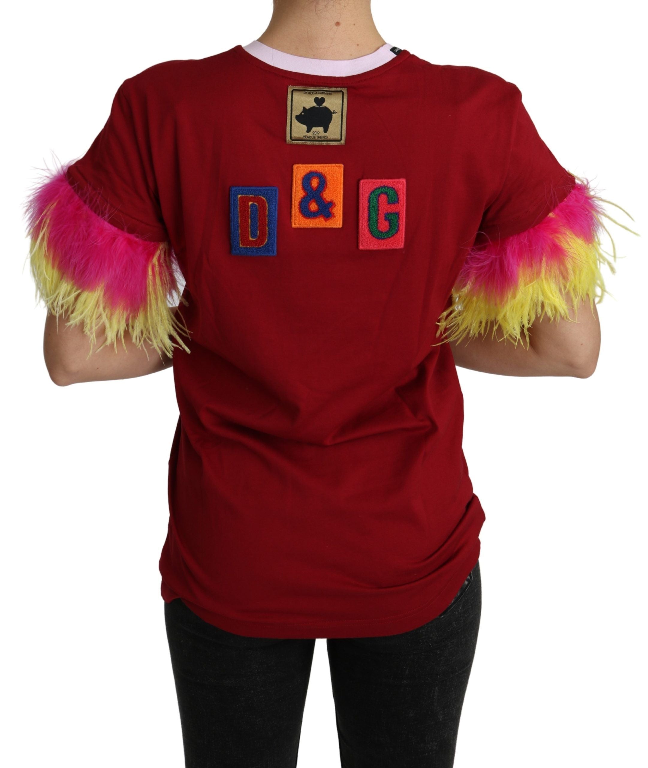 Dolce & Gabbana Red Pig Print Feather Sleeves T-shirt Women's Top