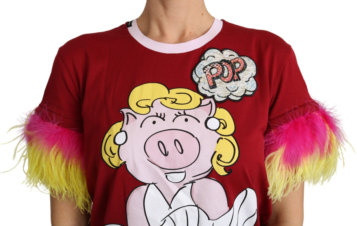 Dolce & Gabbana Red Pig Print Feather Sleeves T-shirt Women's Top