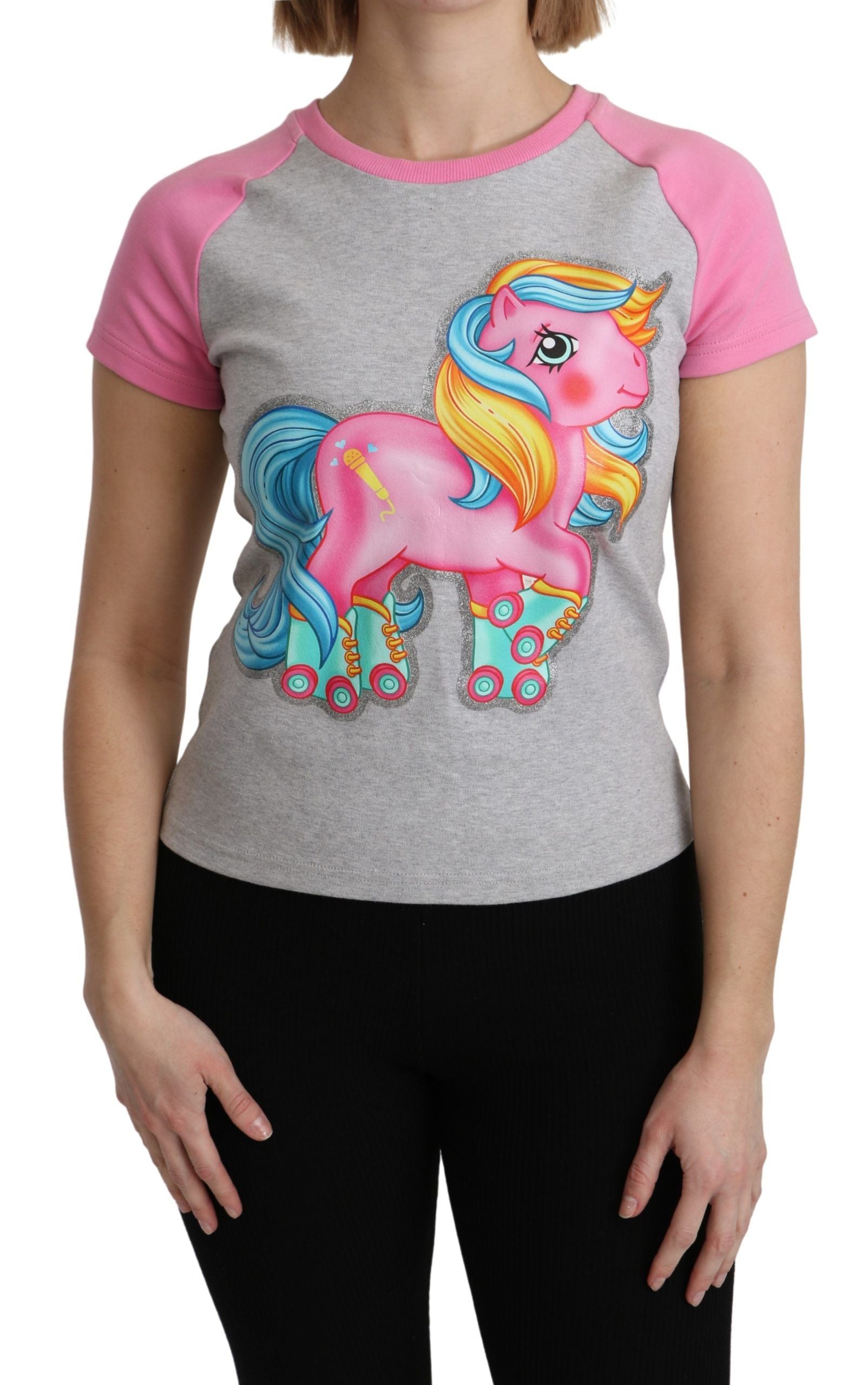 Moschino Chic Gray Crew Neck Cotton T-shirt with Pink Women's Accents