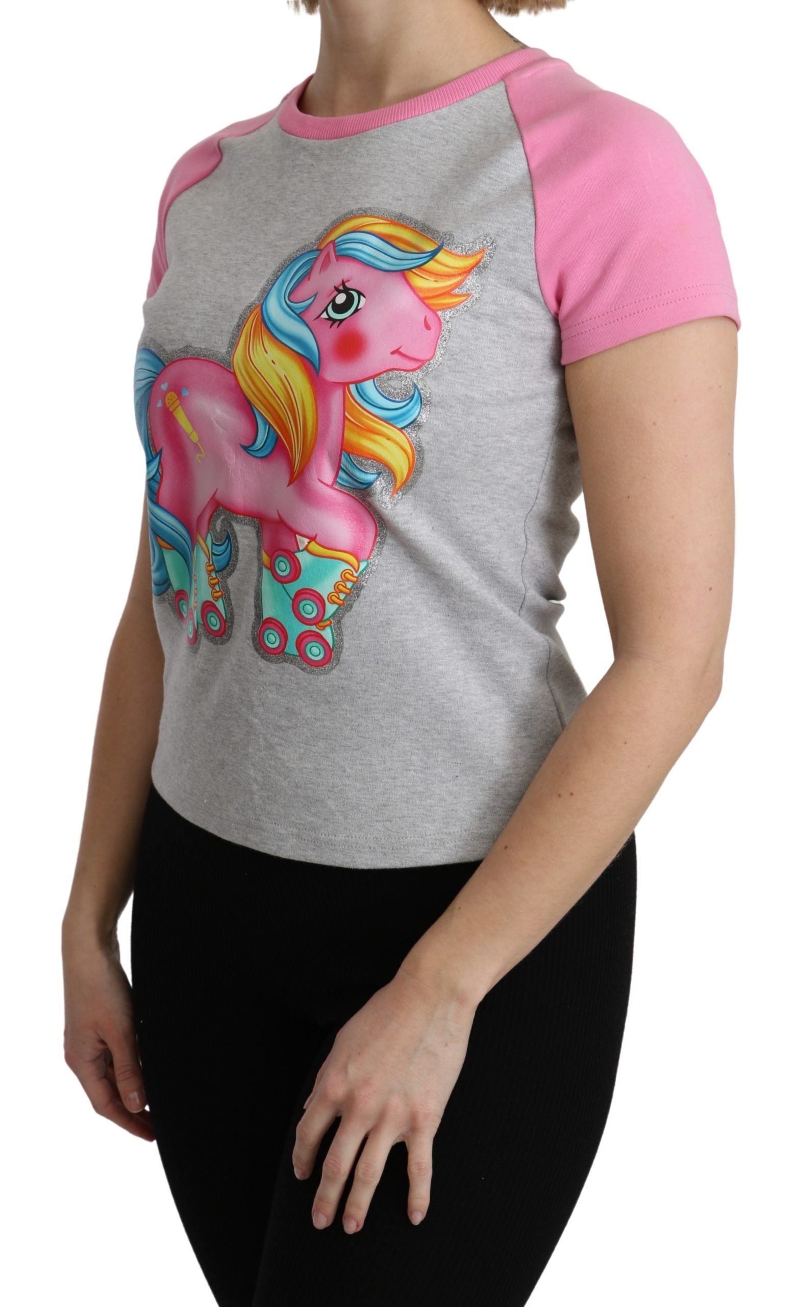 Moschino Chic Gray Crew Neck Cotton T-shirt with Pink Women's Accents