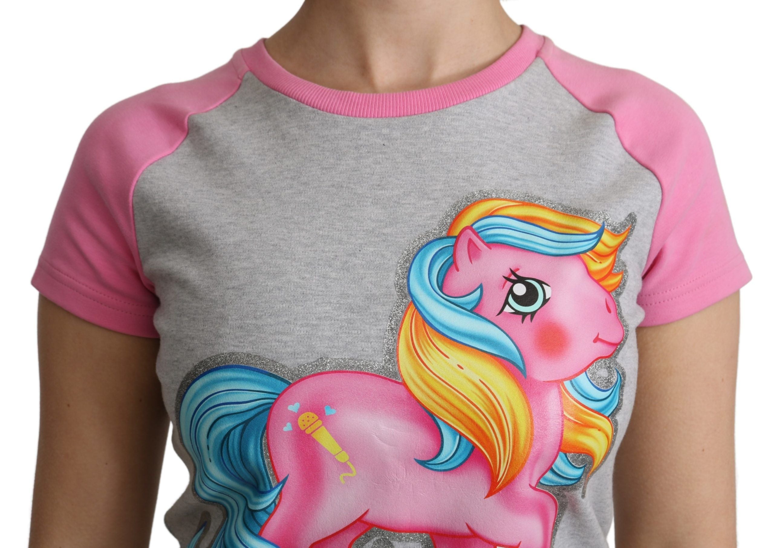 Moschino Chic Gray Crew Neck Cotton T-shirt with Pink Women's Accents