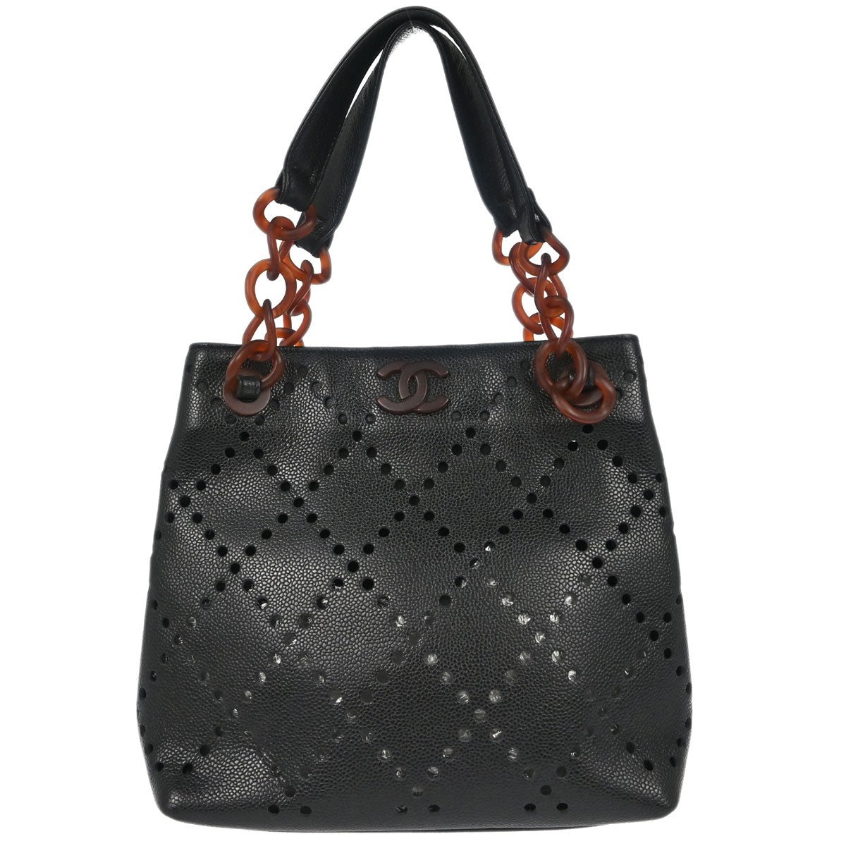 Chanel Vintage Resin Chain Shopping Tote Quilted Caviar Black Leather Tote Bag Bag (Pre-Owned)