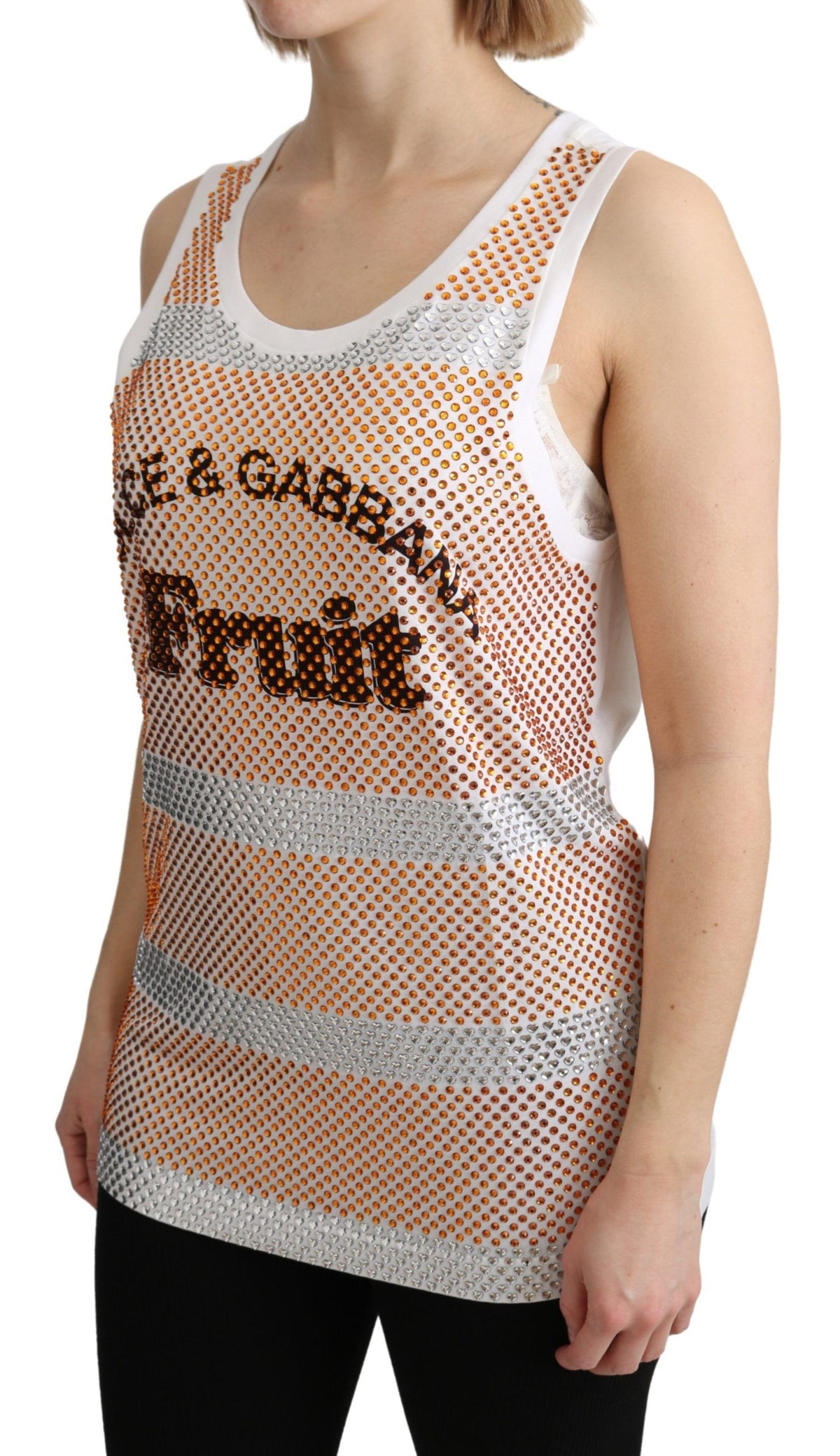Dolce & Gabbana White Orange Crystal Sleeveless Tank Cotton Women's Top