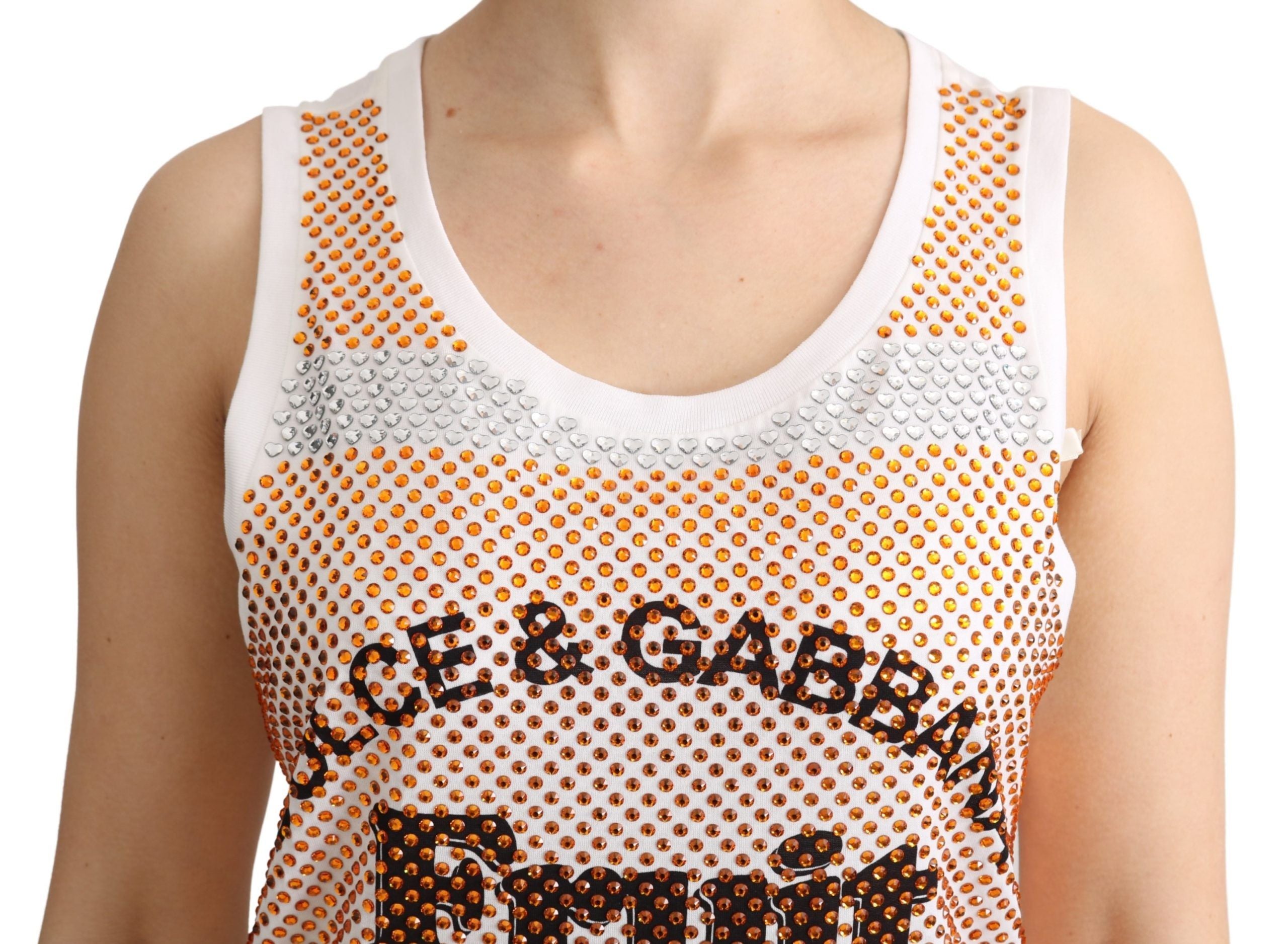 Dolce & Gabbana White Orange Crystal Sleeveless Tank Cotton Women's Top