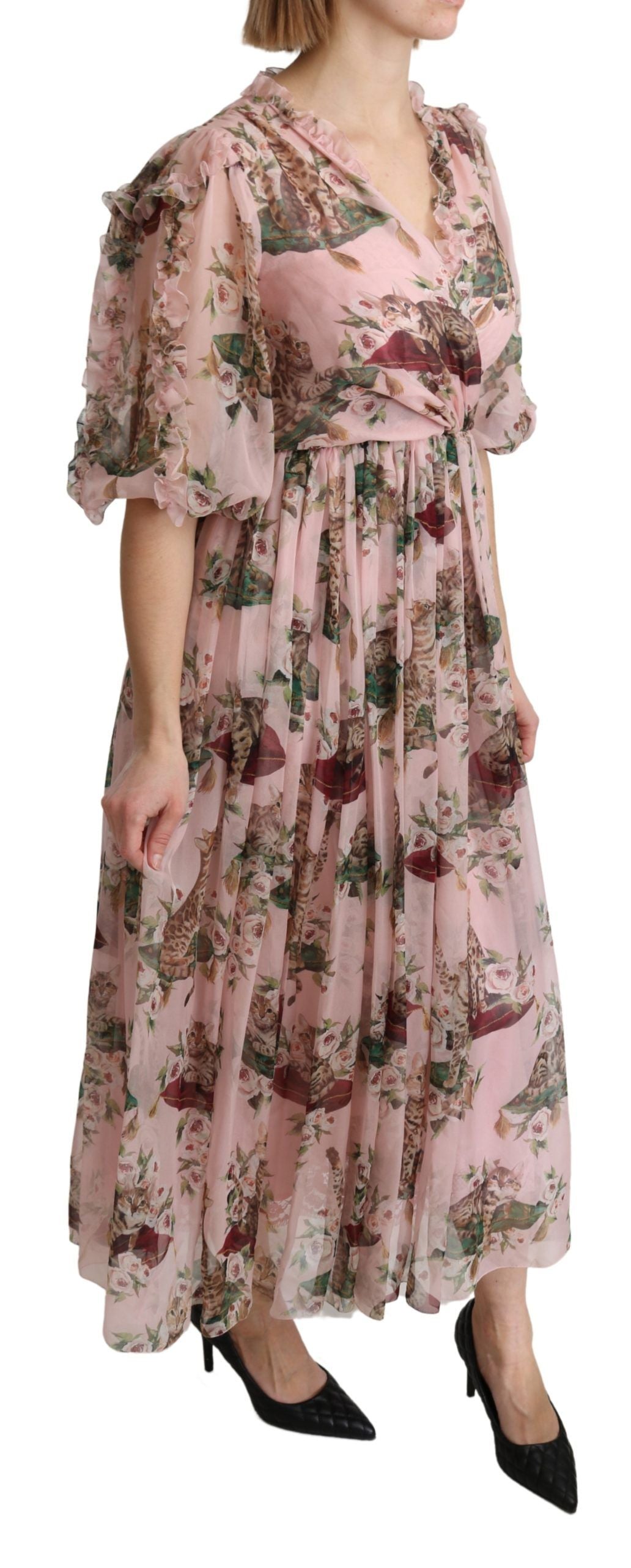Dolce & Gabbana Pink Bengal Cat Print A-line Maxi Silk Women's Dress