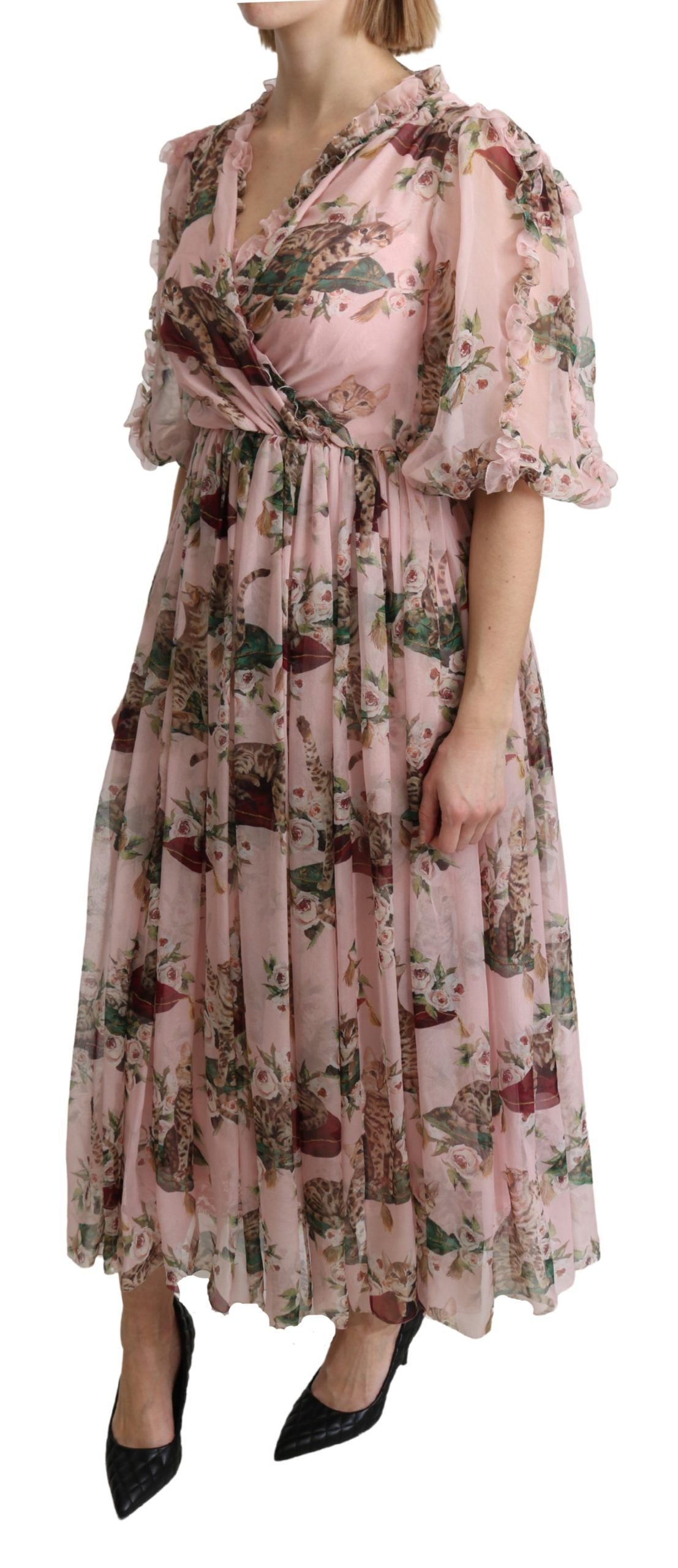 Dolce & Gabbana Elegant Pink Bengal Cat Print A-Line Maxi Women's Dress