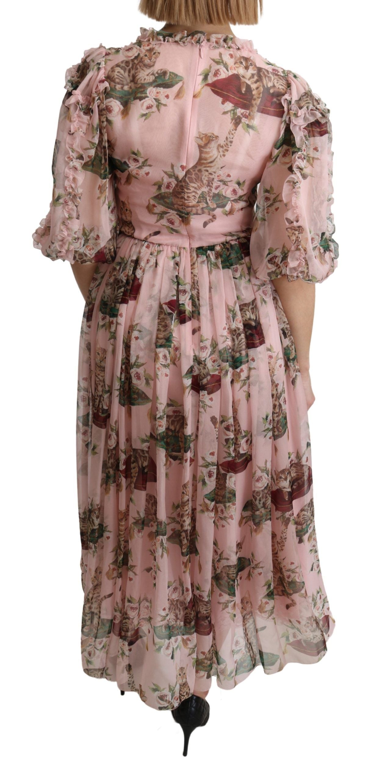 Dolce & Gabbana Pink Bengal Cat Print A-line Maxi Silk Women's Dress