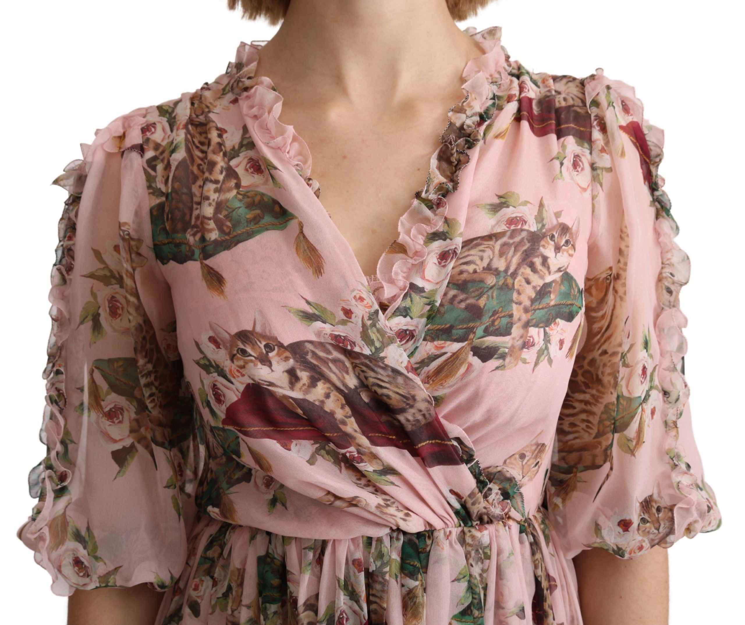 Dolce & Gabbana Pink Bengal Cat Print A-line Maxi Silk Women's Dress