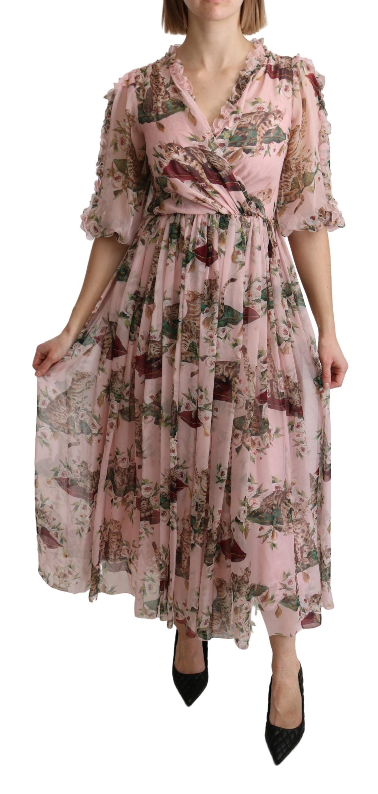 Dolce & Gabbana Elegant Pink Bengal Cat Print A-Line Maxi Women's Dress