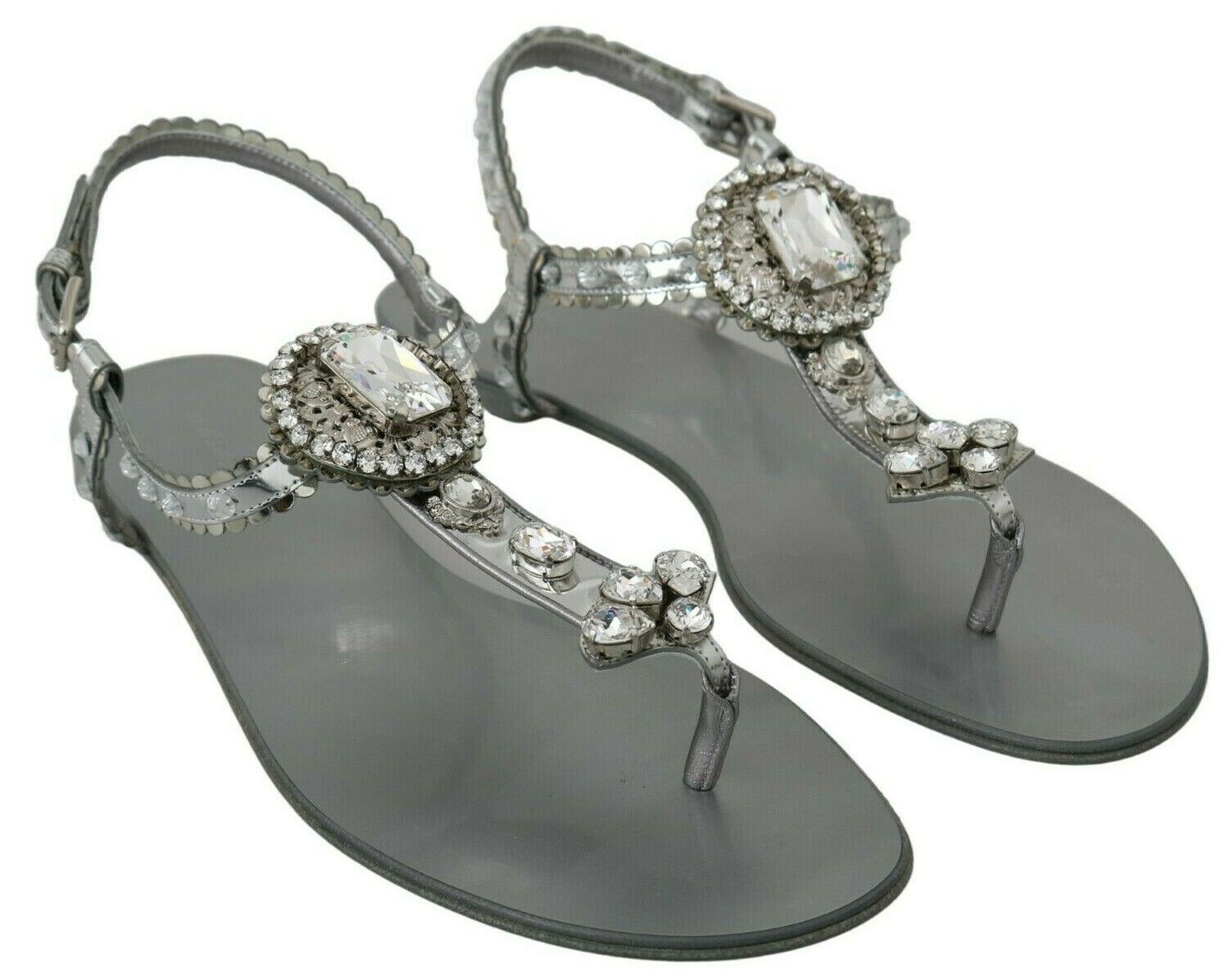 Dolce & Gabbana Silver Crystal Sandals Flip Flops Women's Shoes
